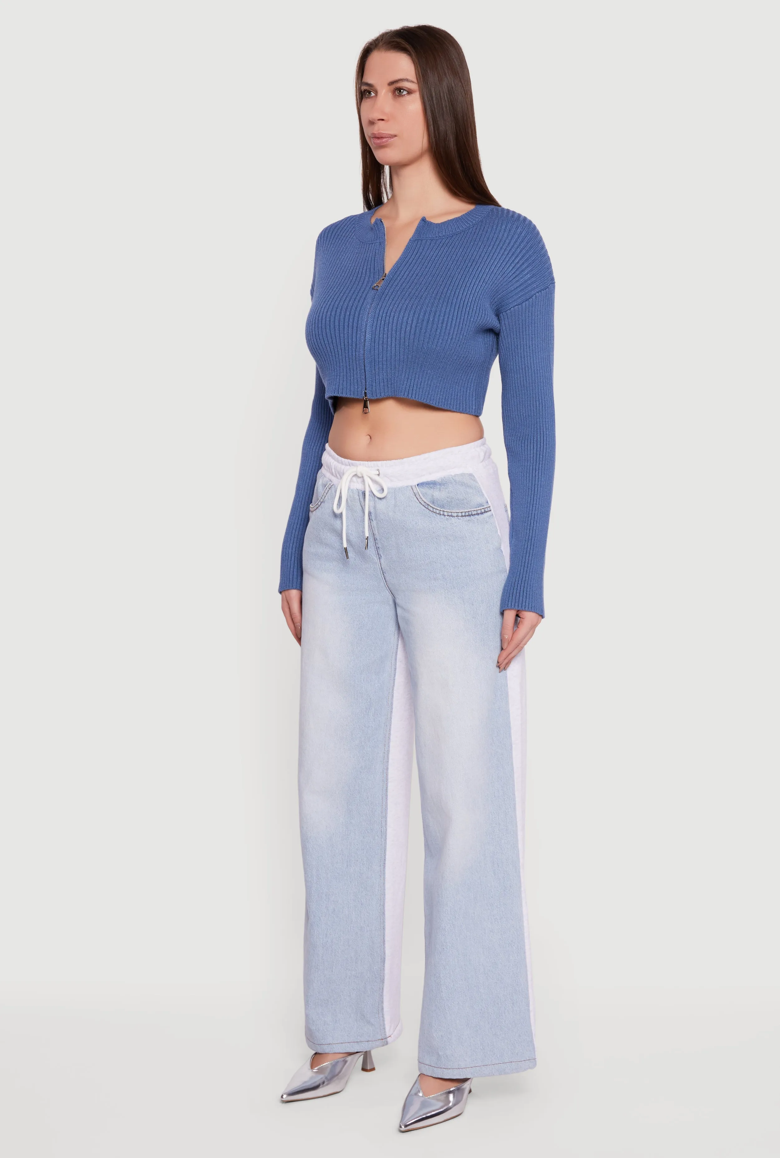 Ribbed Knit Long Sleeve Zip Front Cropped Sweater sold by Rainbow product image thumbnail 5