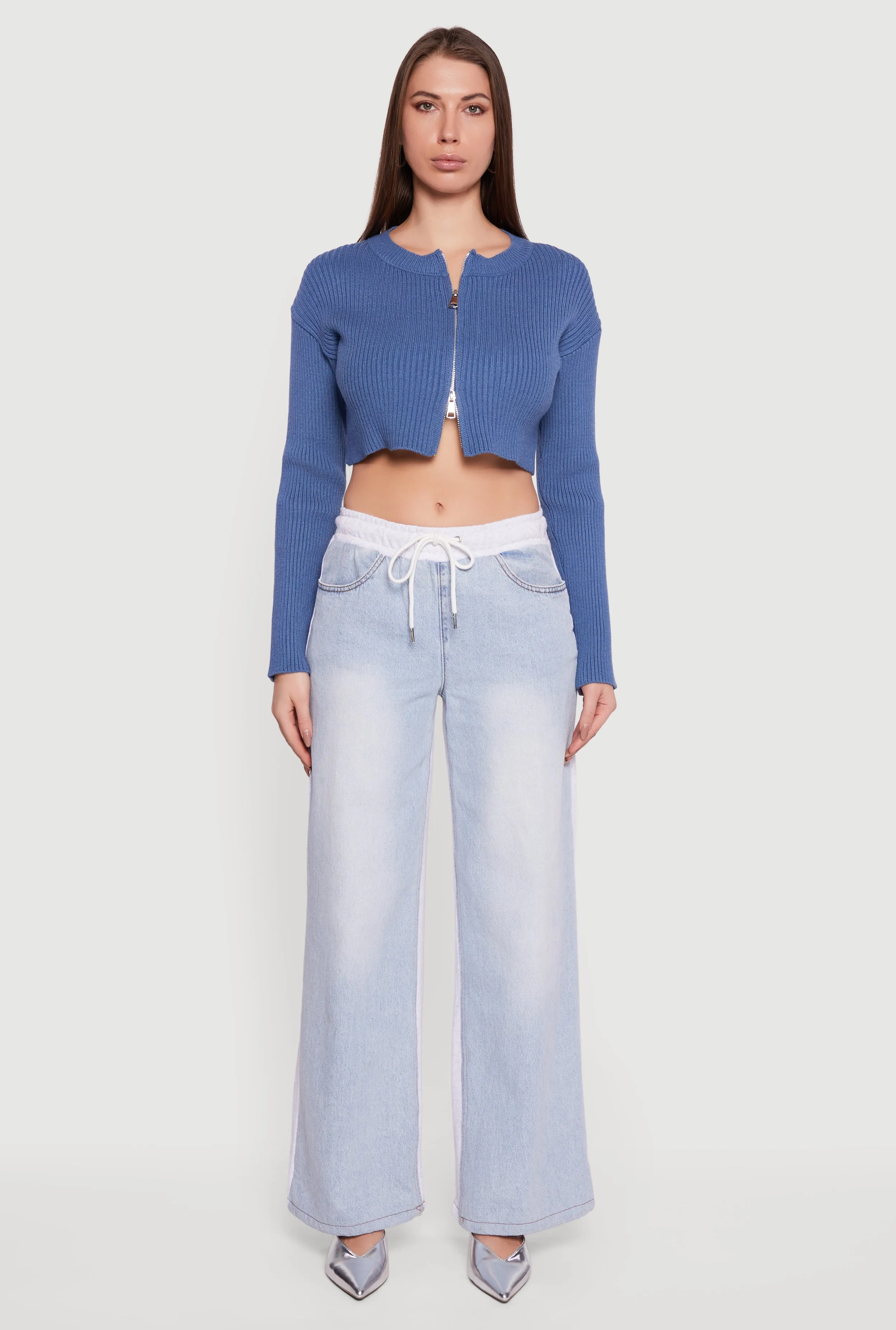 Ribbed Knit Long Sleeve Zip Front Cropped Sweater sold by Rainbow product image thumbnail 3