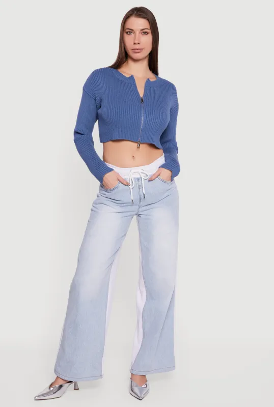 Ribbed Knit Long Sleeve Zip Front Cropped Sweater sold by Rainbow