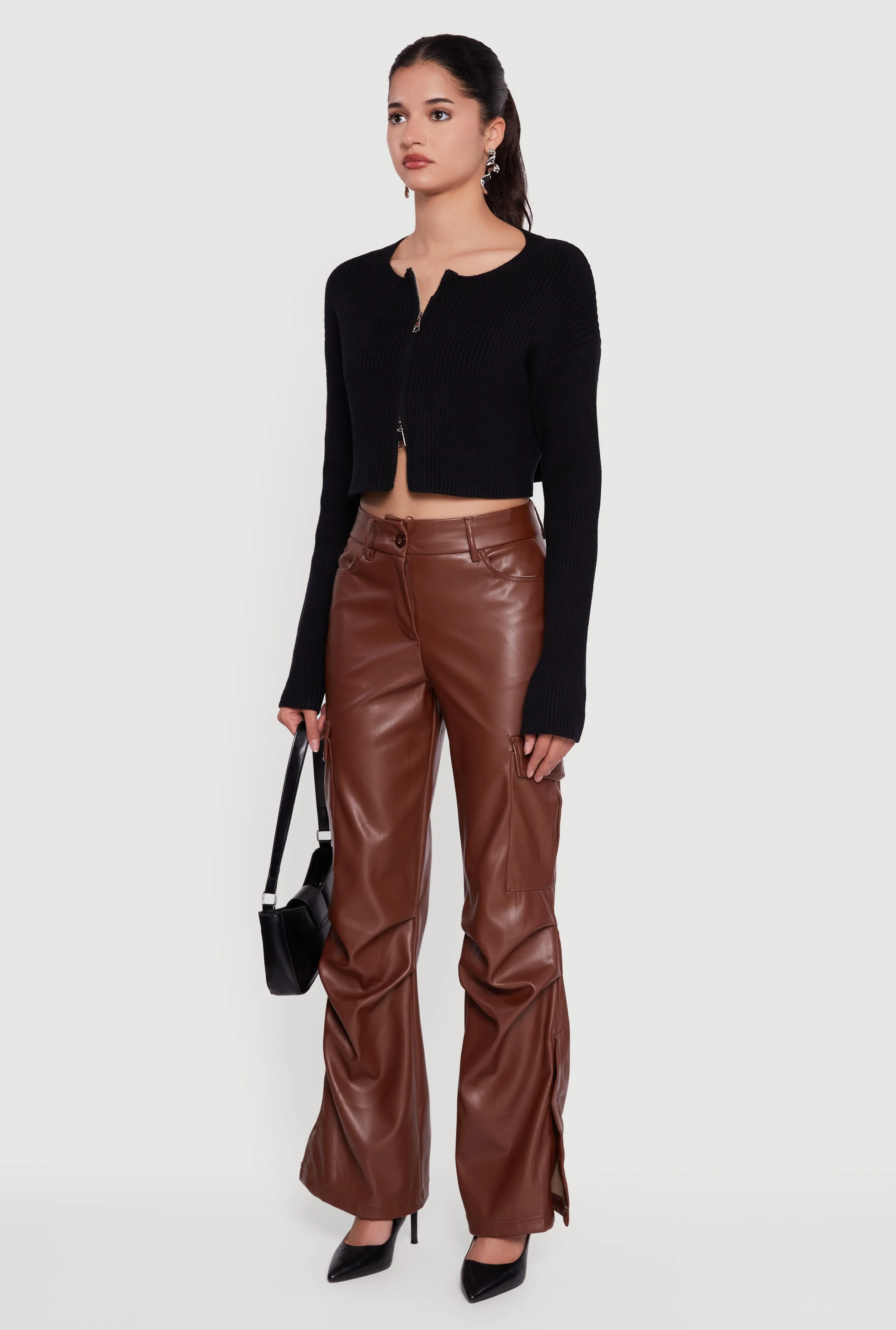 Ribbed Knit Long Sleeve Zip Front Cropped Sweater sold by Rainbow product image thumbnail 5