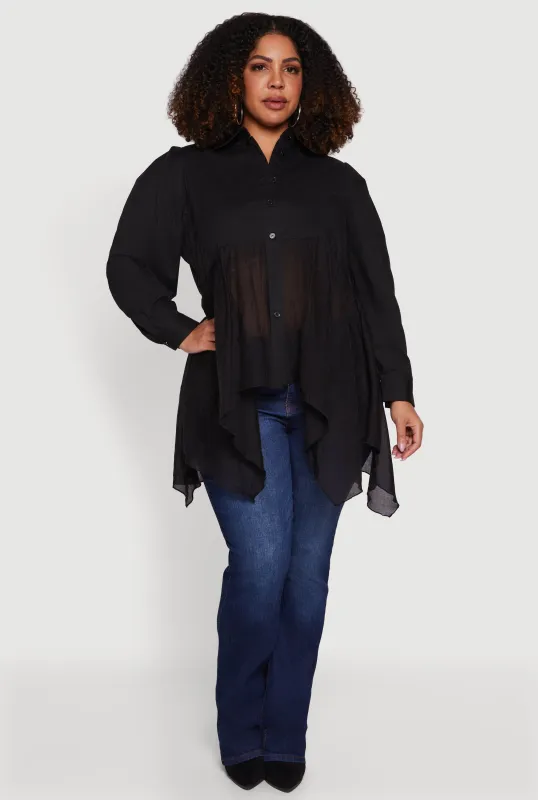 Plus Size Poplin Sharkbite Hem Button Front Shirt sold by Rainbow