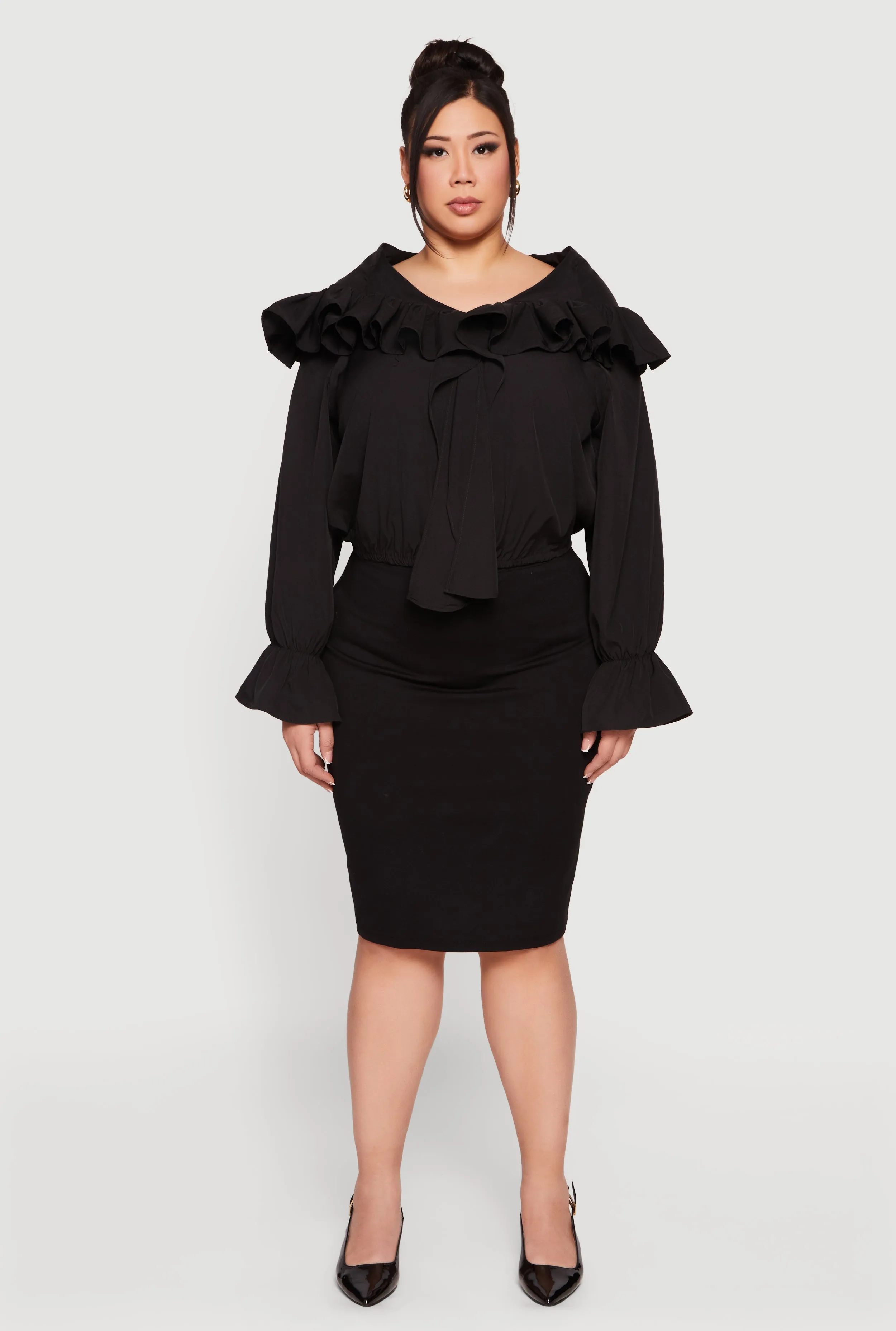 Plus Size Bell Sleeve Tie Front Ruffle Trim Blouse sold by Rainbow product image thumbnail 3