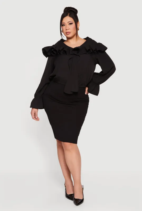 Plus Size Bell Sleeve Tie Front Ruffle Trim Blouse sold by Rainbow