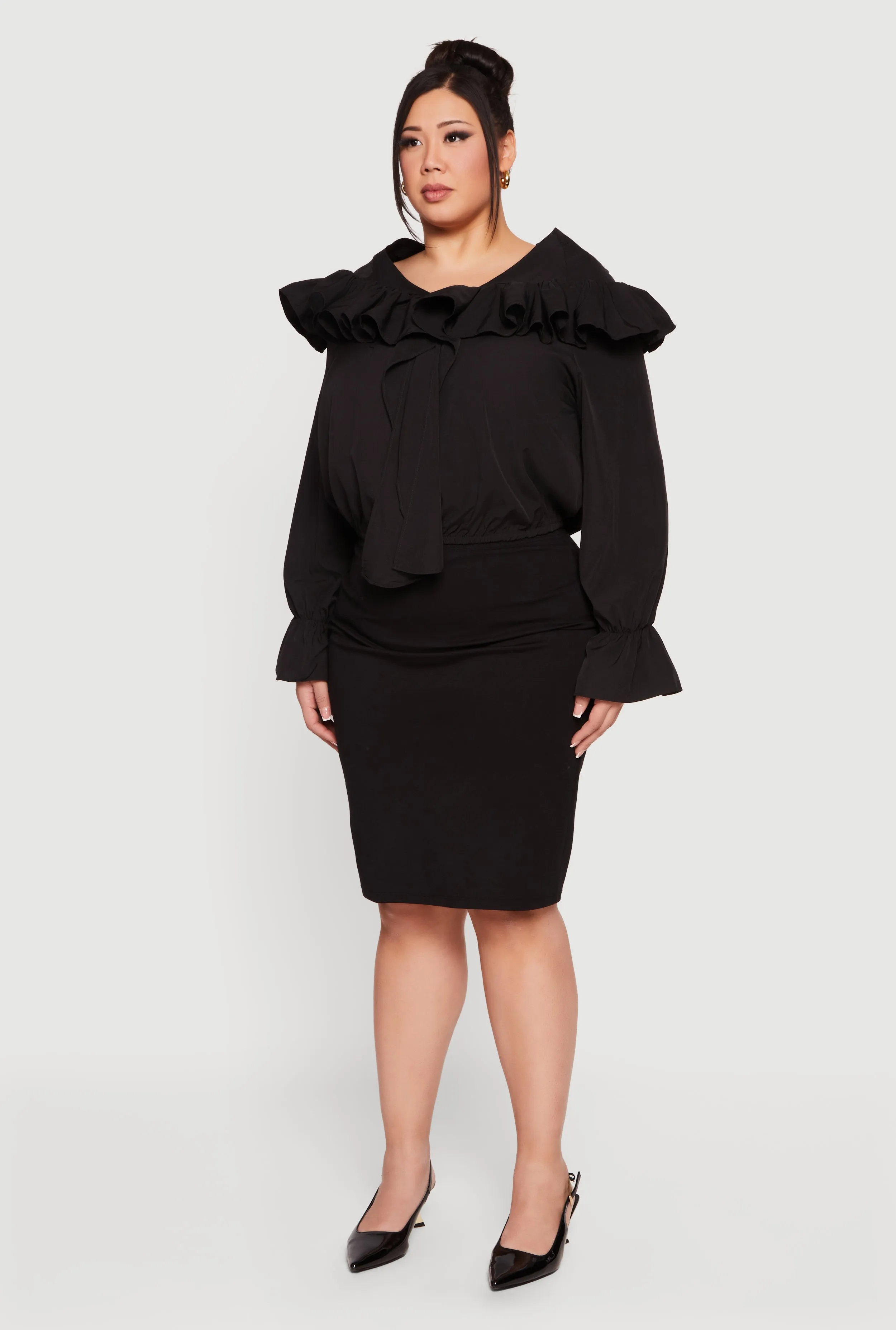 Plus Size Bell Sleeve Tie Front Ruffle Trim Blouse sold by Rainbow product image thumbnail 5