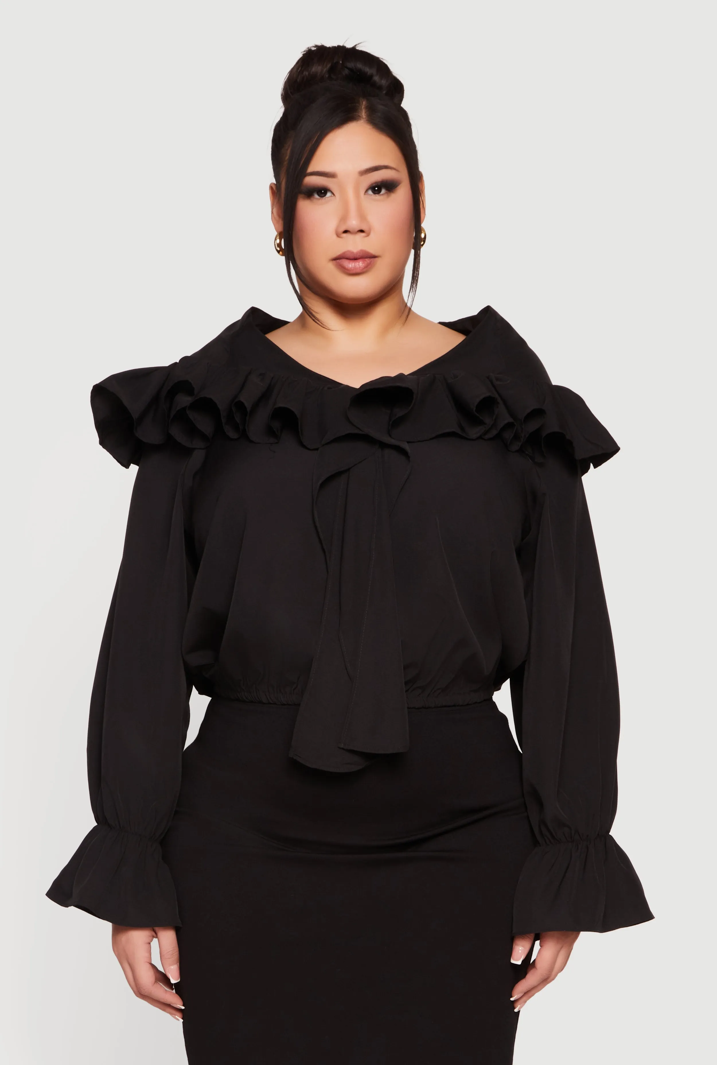 Plus Size Bell Sleeve Tie Front Ruffle Trim Blouse sold by Rainbow product image thumbnail 2