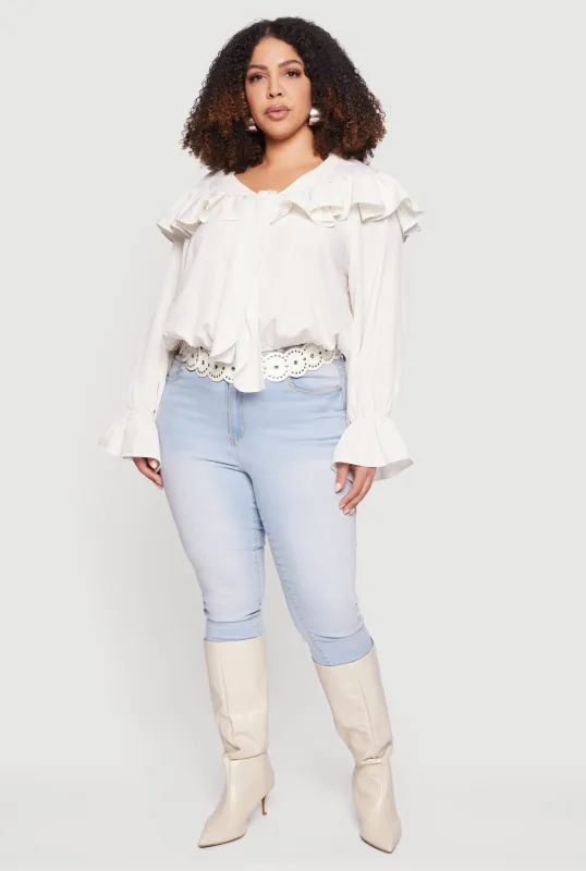 Plus Size Bell Sleeve Tie Front Ruffle Trim Blouse sold by Rainbow