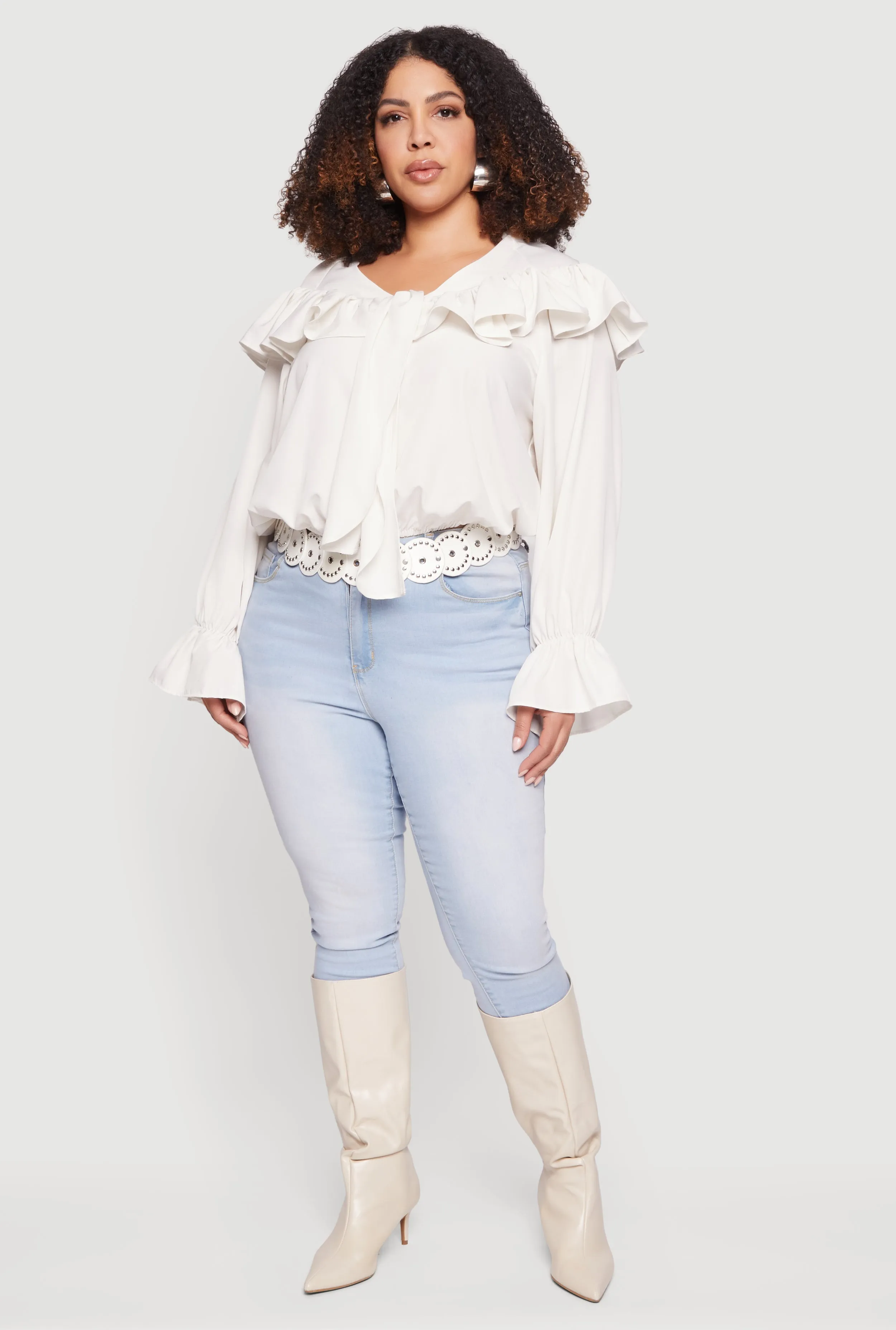 Plus Size Bell Sleeve Tie Front Ruffle Trim Blouse sold by Rainbow