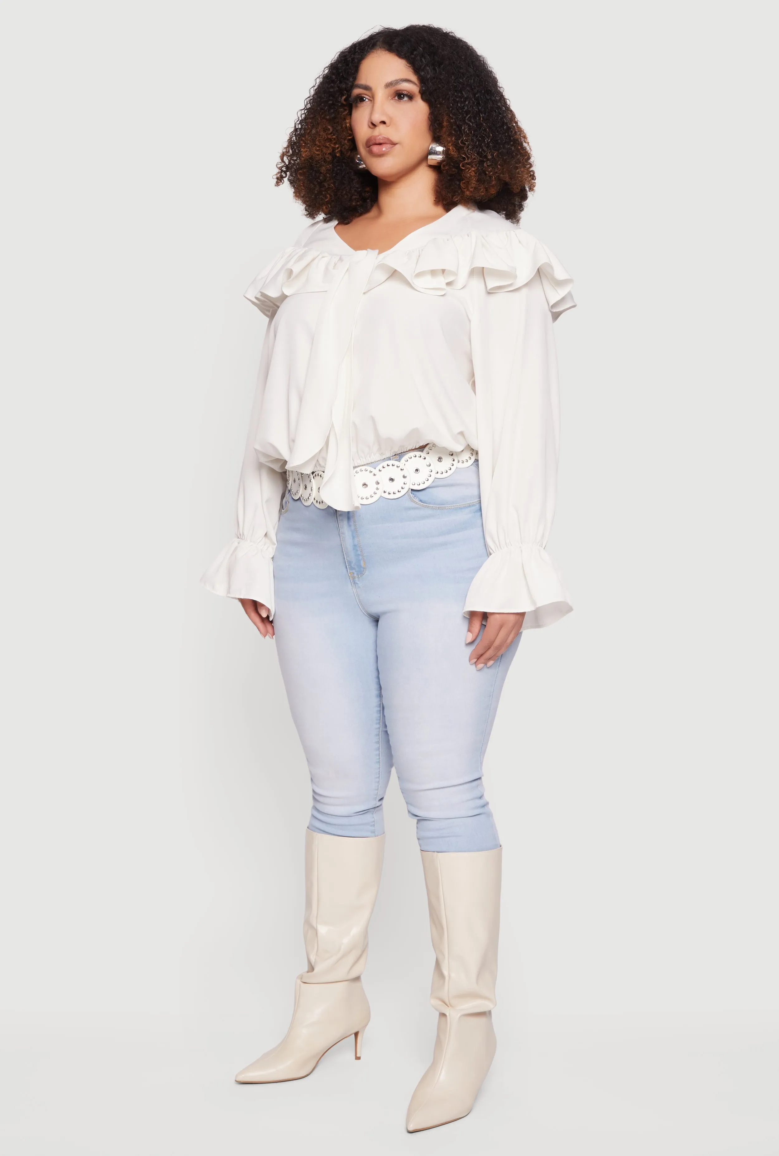 Plus Size Bell Sleeve Tie Front Ruffle Trim Blouse sold by Rainbow product image thumbnail 5