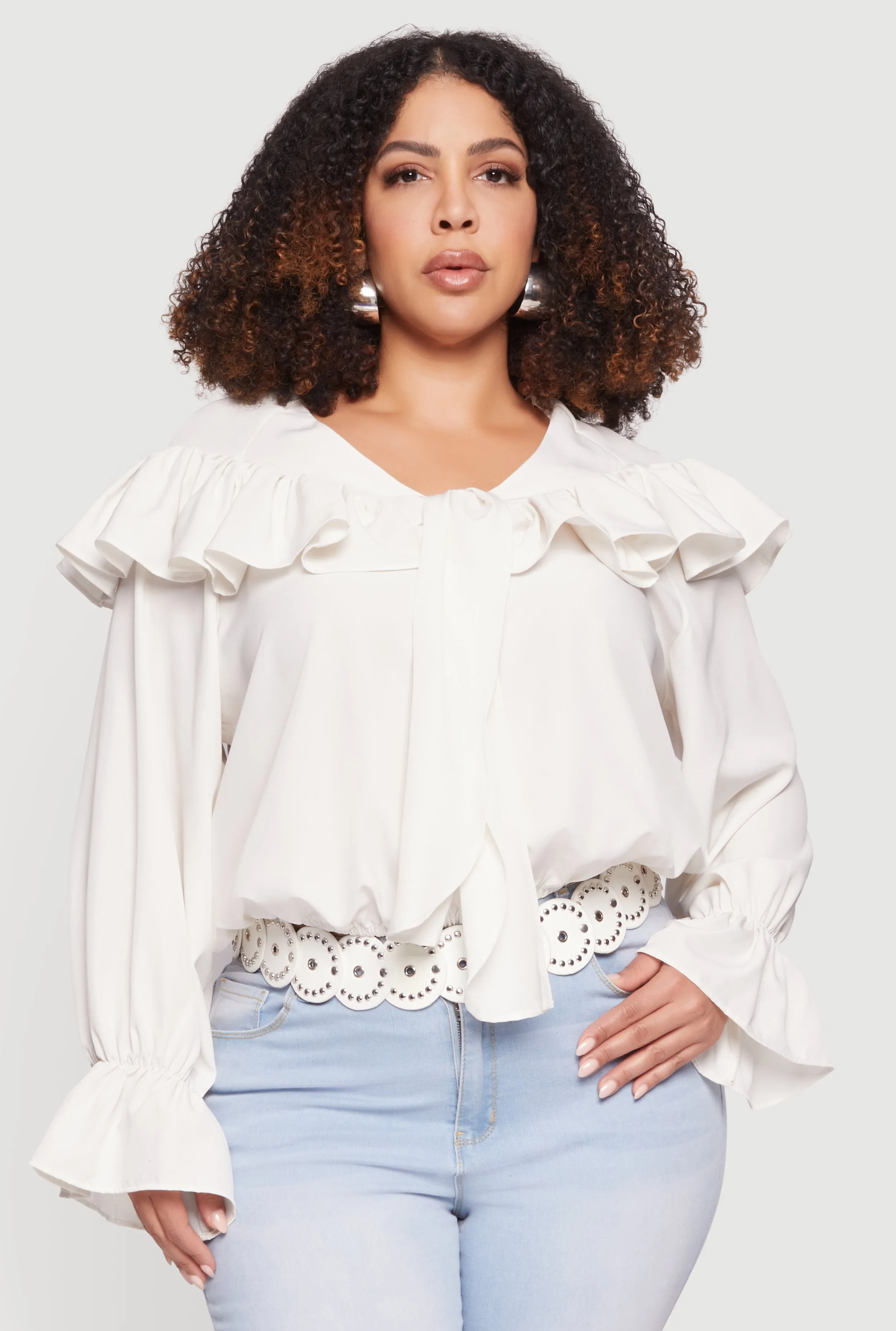 Plus Size Bell Sleeve Tie Front Ruffle Trim Blouse sold by Rainbow product image thumbnail 2