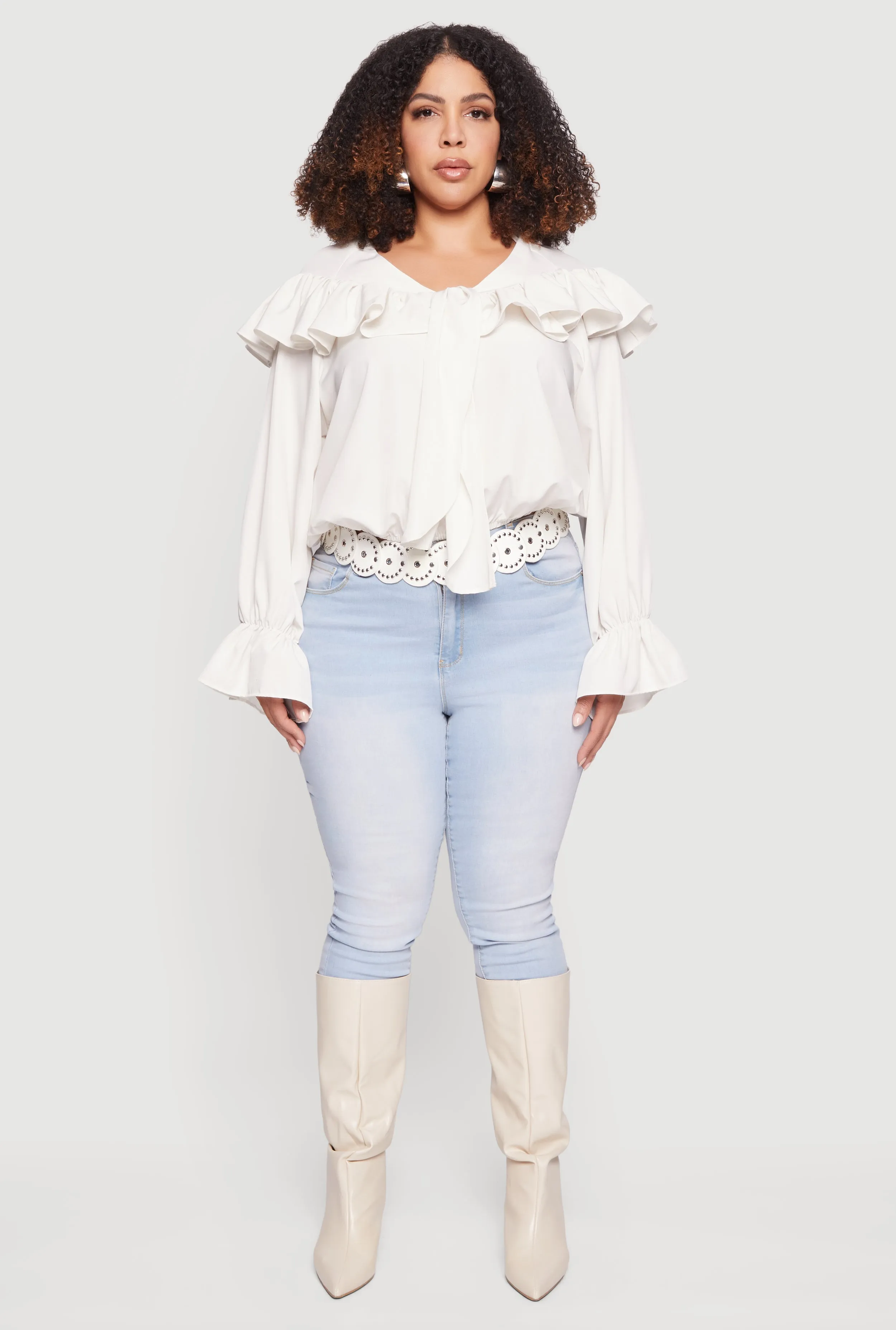 Plus Size Bell Sleeve Tie Front Ruffle Trim Blouse sold by Rainbow product image thumbnail 3