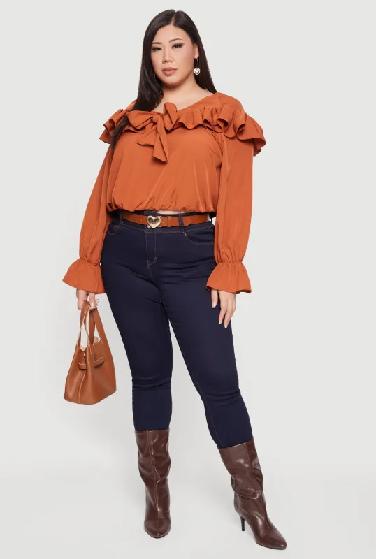 Plus Size Bell Sleeve Tie Front Ruffle Trim Blouse sold by Rainbow