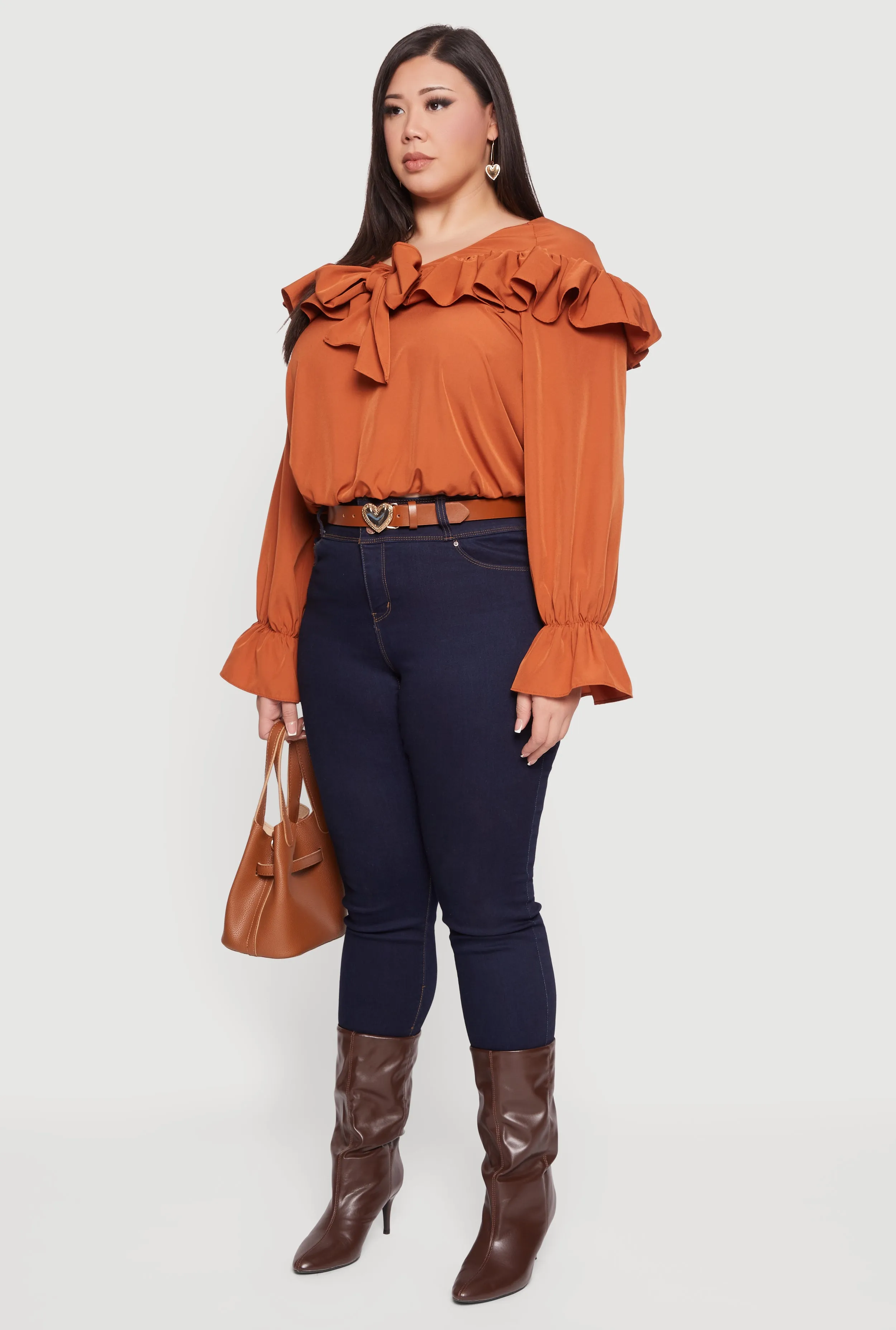 Plus Size Bell Sleeve Tie Front Ruffle Trim Blouse sold by Rainbow product image thumbnail 5