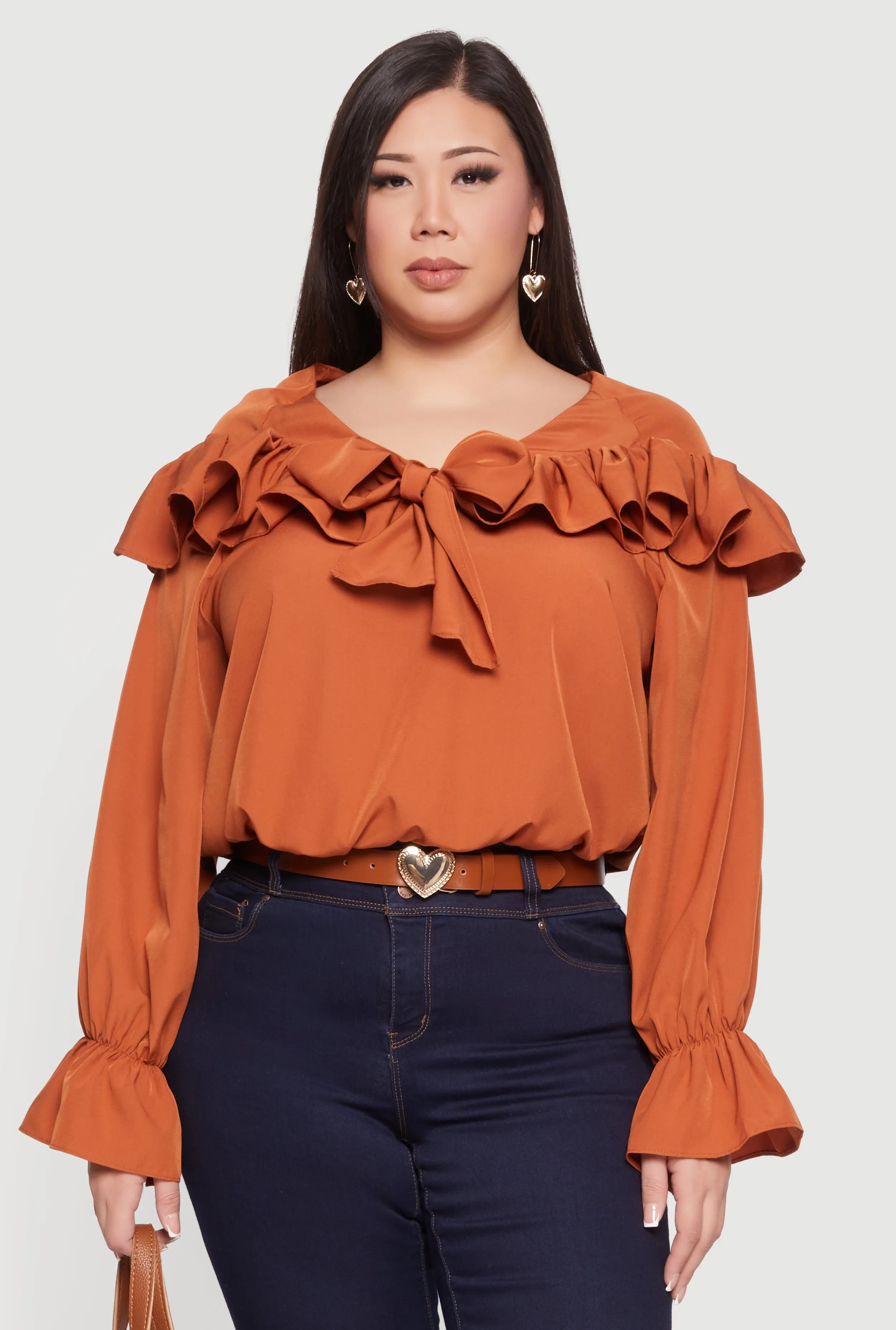 Plus Size Bell Sleeve Tie Front Ruffle Trim Blouse sold by Rainbow product image thumbnail 2