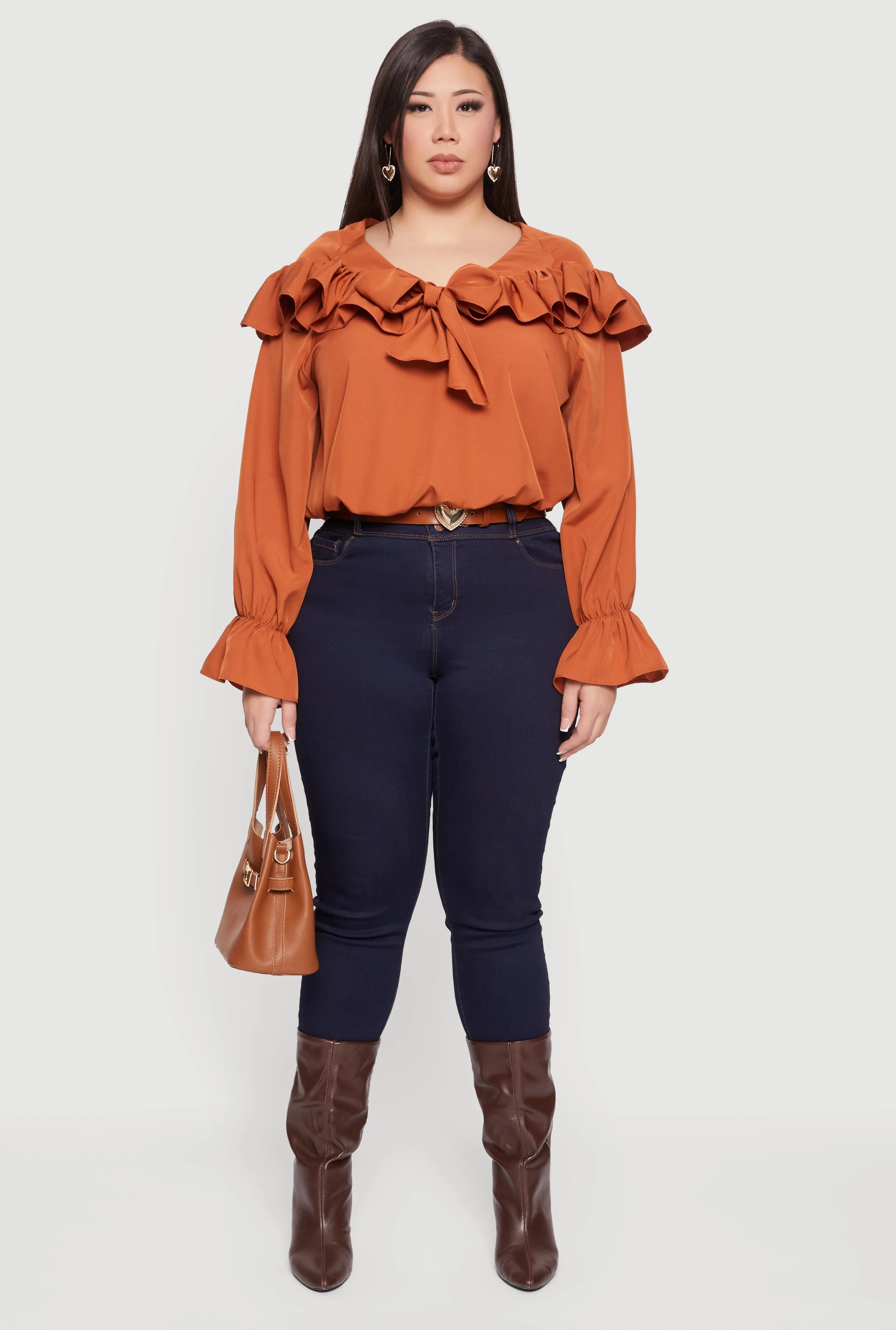 Plus Size Bell Sleeve Tie Front Ruffle Trim Blouse sold by Rainbow product image thumbnail 3