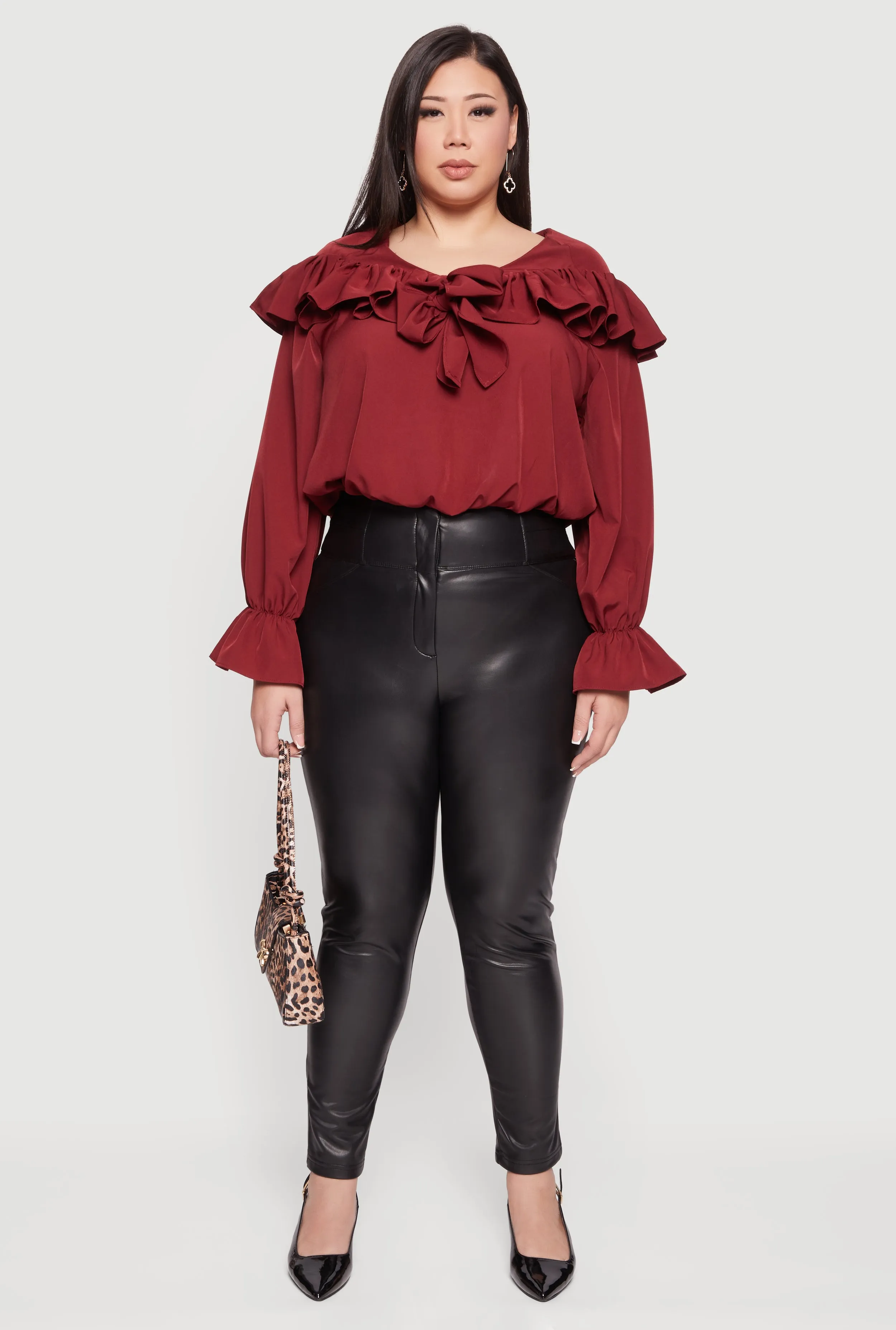 Plus Size Bell Sleeve Tie Front Ruffle Trim Blouse sold by Rainbow product image thumbnail 3