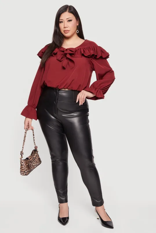 Plus Size Bell Sleeve Tie Front Ruffle Trim Blouse sold by Rainbow