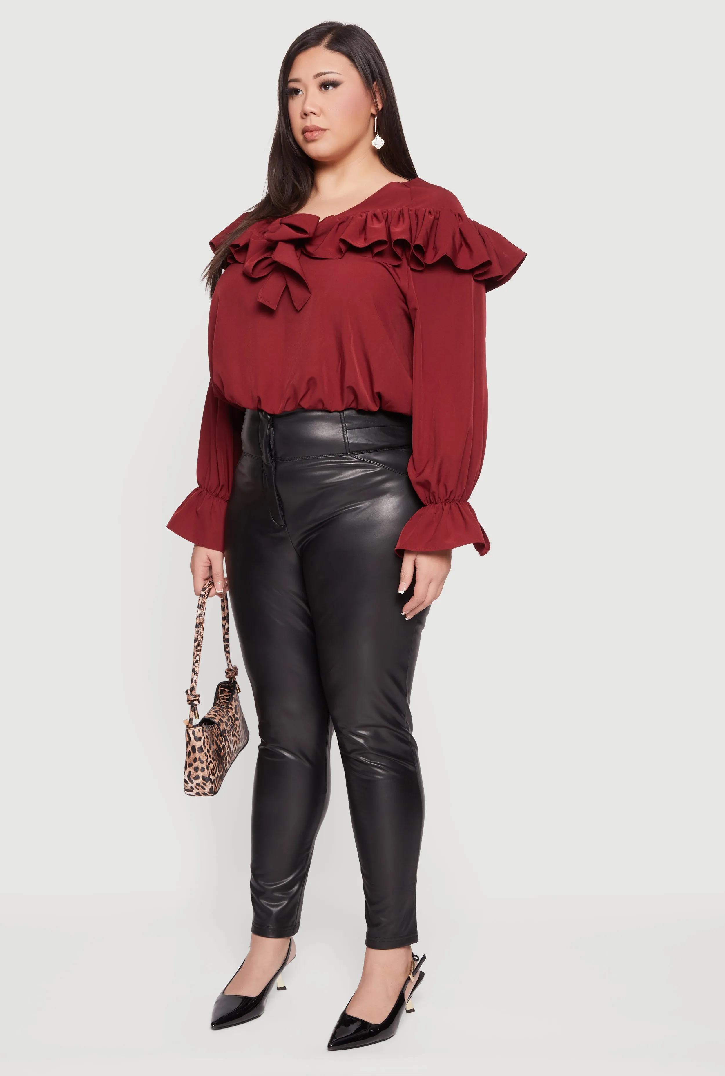 Plus Size Bell Sleeve Tie Front Ruffle Trim Blouse sold by Rainbow product image thumbnail 5