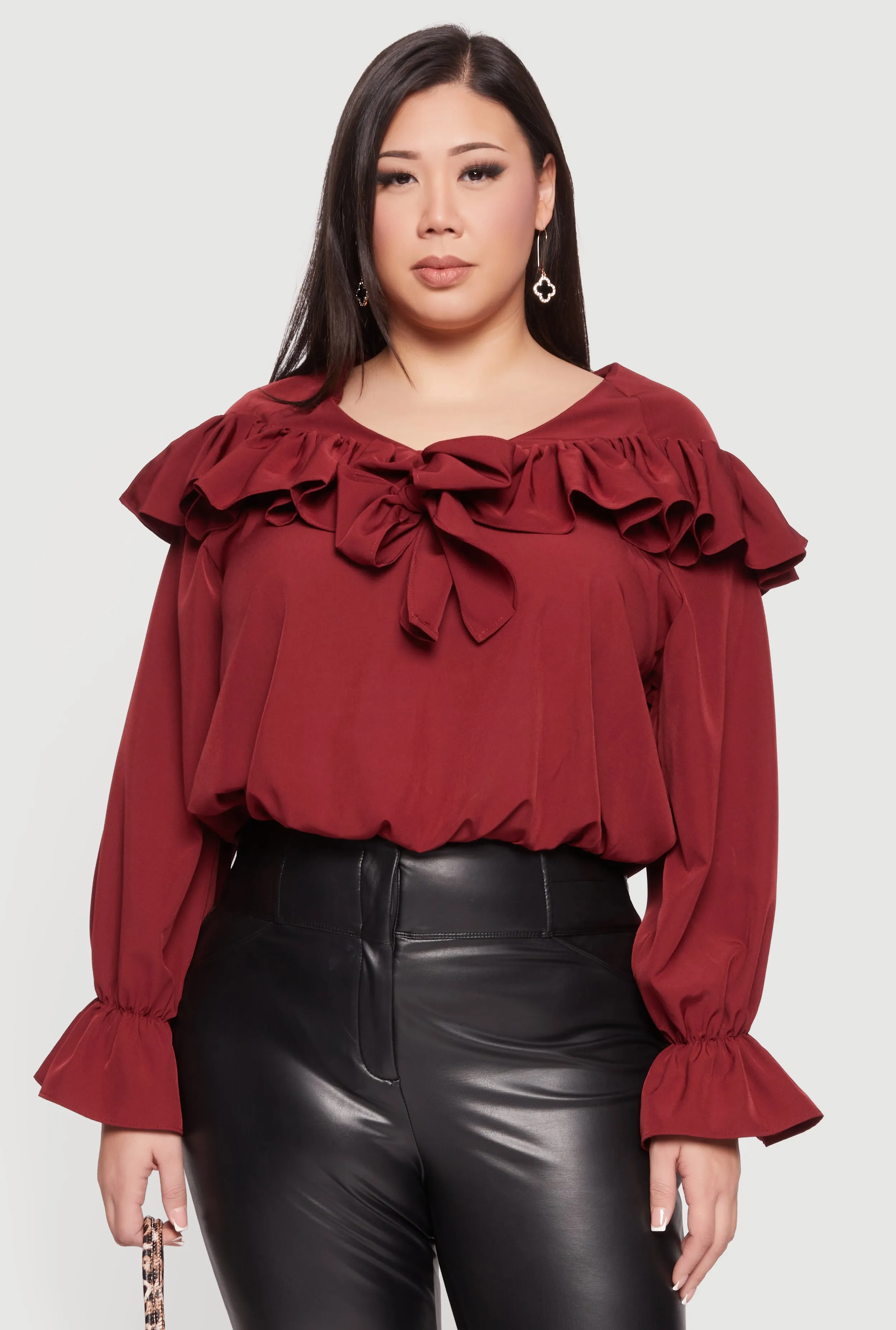 Plus Size Bell Sleeve Tie Front Ruffle Trim Blouse sold by Rainbow product image thumbnail 2