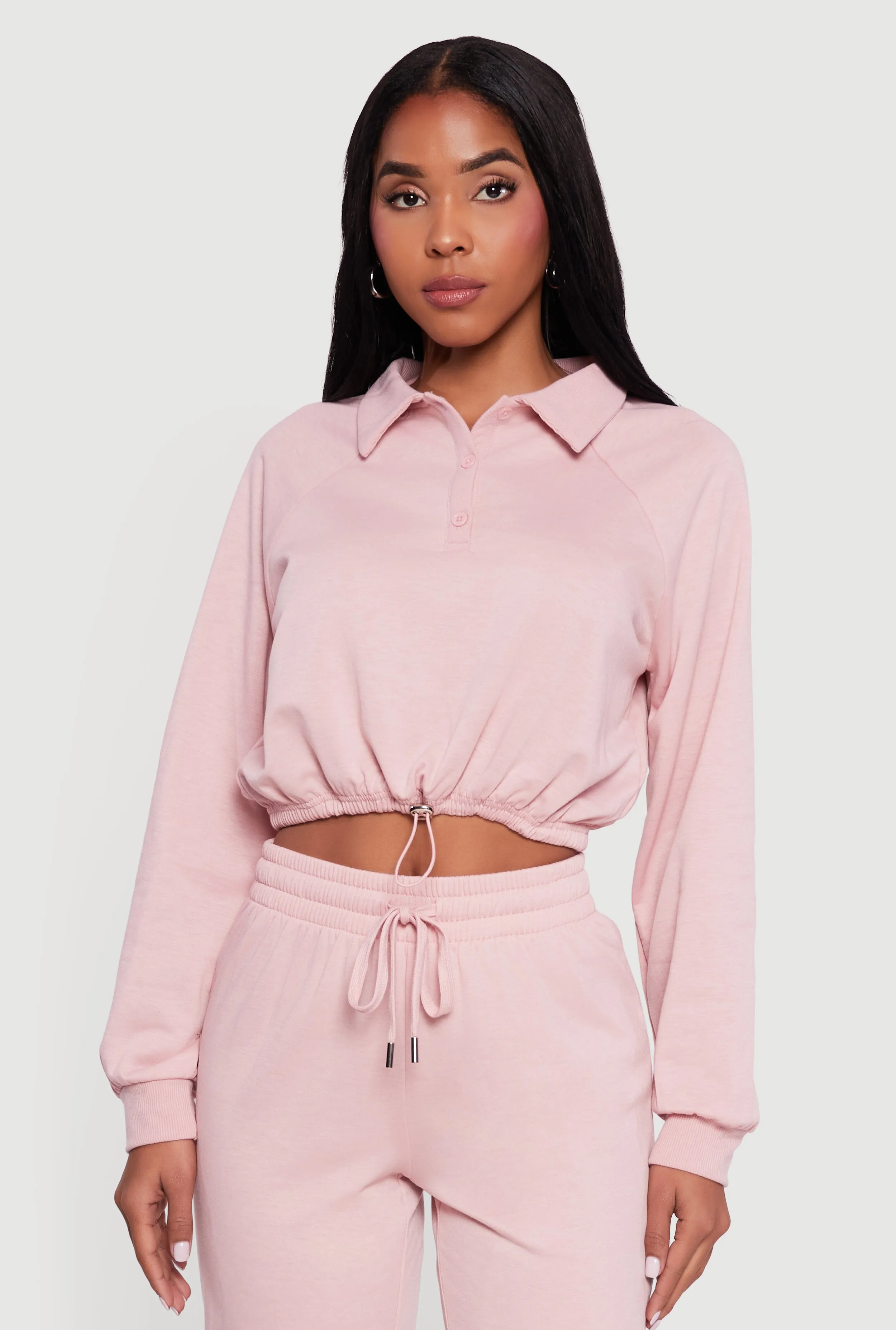 Almost Famous Drawstring Hem Cropped Polo Sweatshirt sold by Rainbow product image thumbnail 4