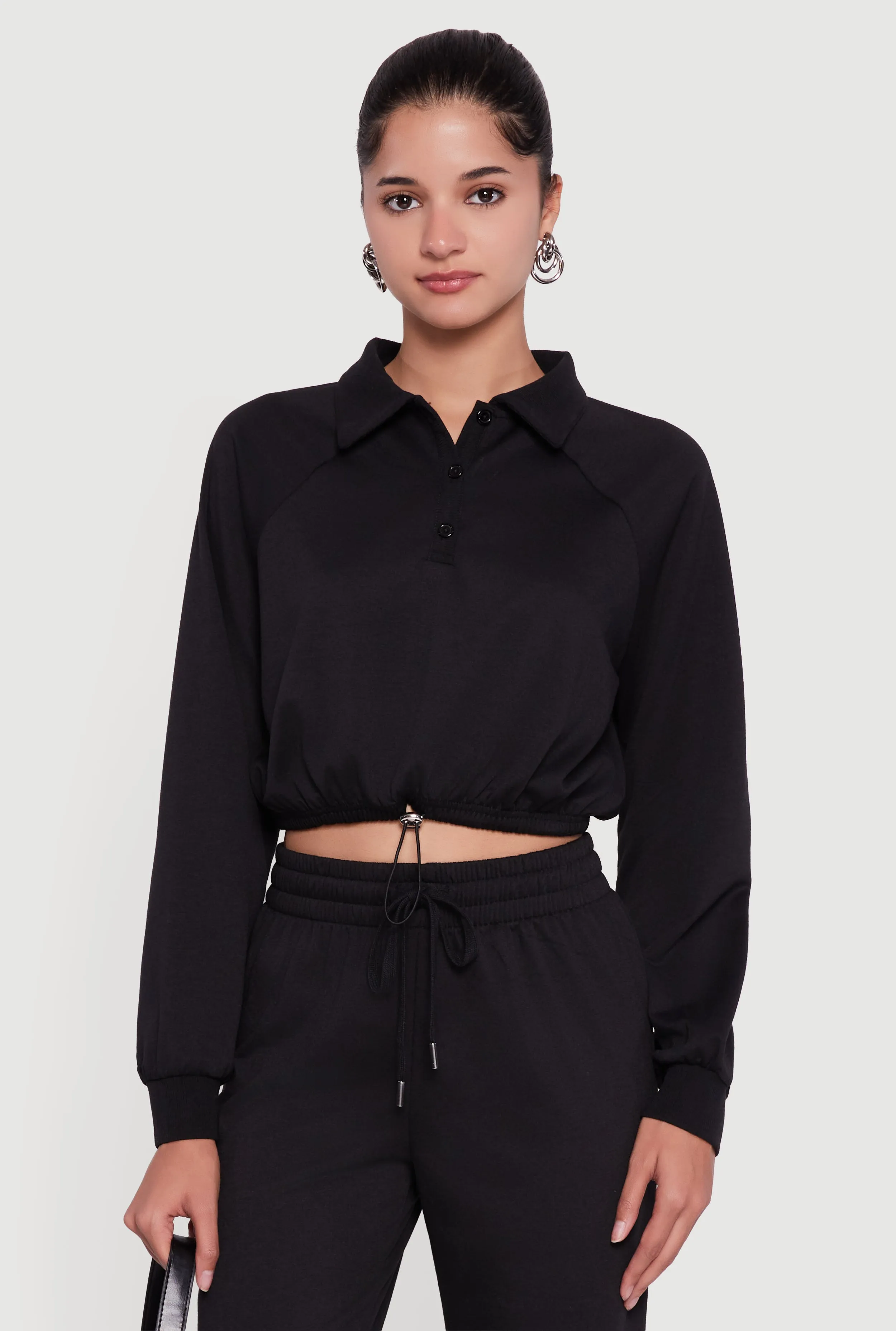 Almost Famous Drawstring Hem Cropped Polo Sweatshirt sold by Rainbow product image thumbnail 2