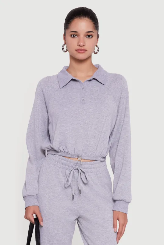 Almost Famous Drawstring Hem Cropped Polo Sweatshirt sold by Rainbow