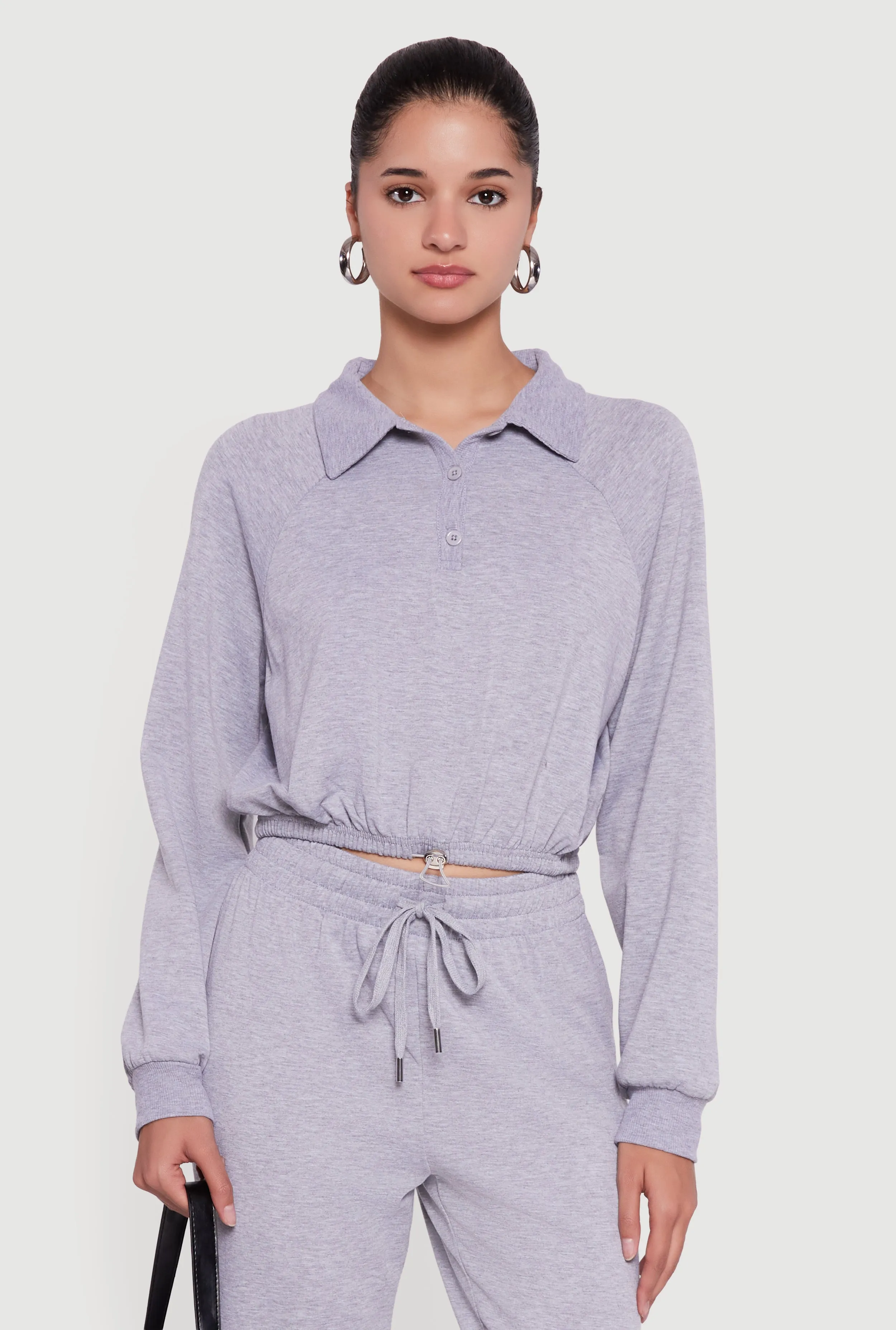 Almost Famous Drawstring Hem Cropped Polo Sweatshirt sold by Rainbow