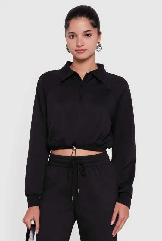 Almost Famous Drawstring Hem Cropped Polo Sweatshirt sold by Rainbow