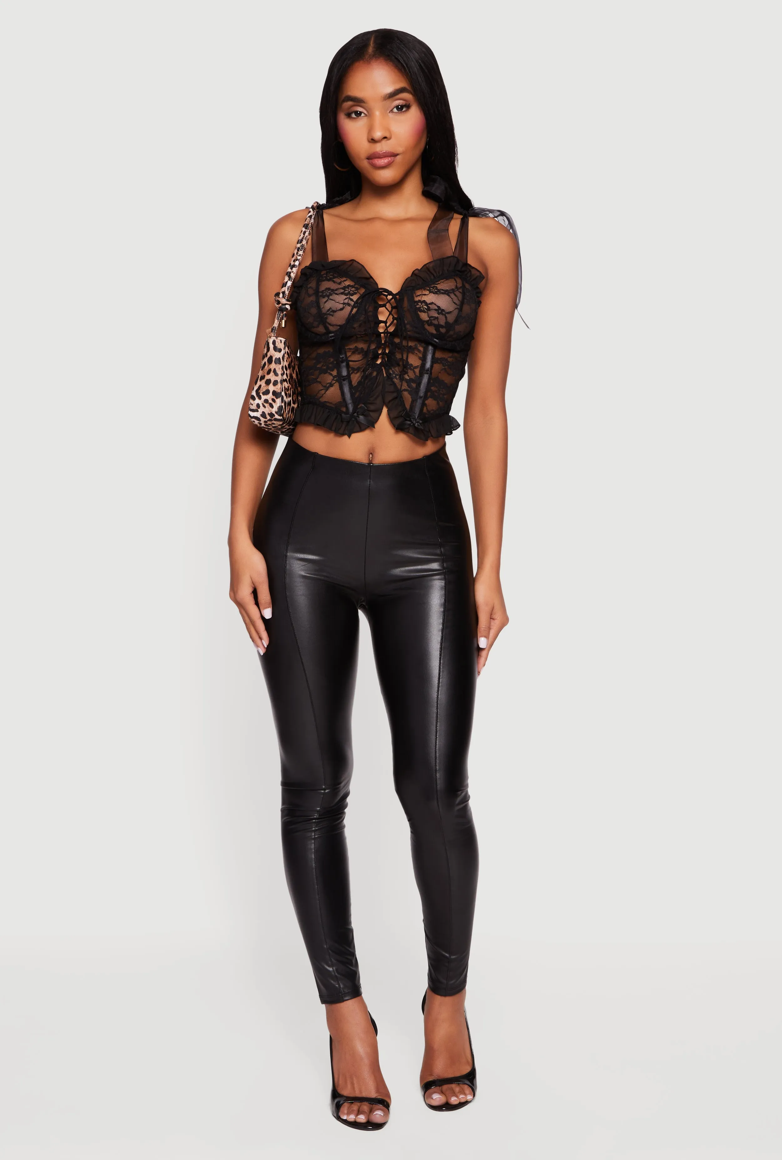 Floral Lace Up Front Tie Strap Cropped Corset Top sold by Rainbow