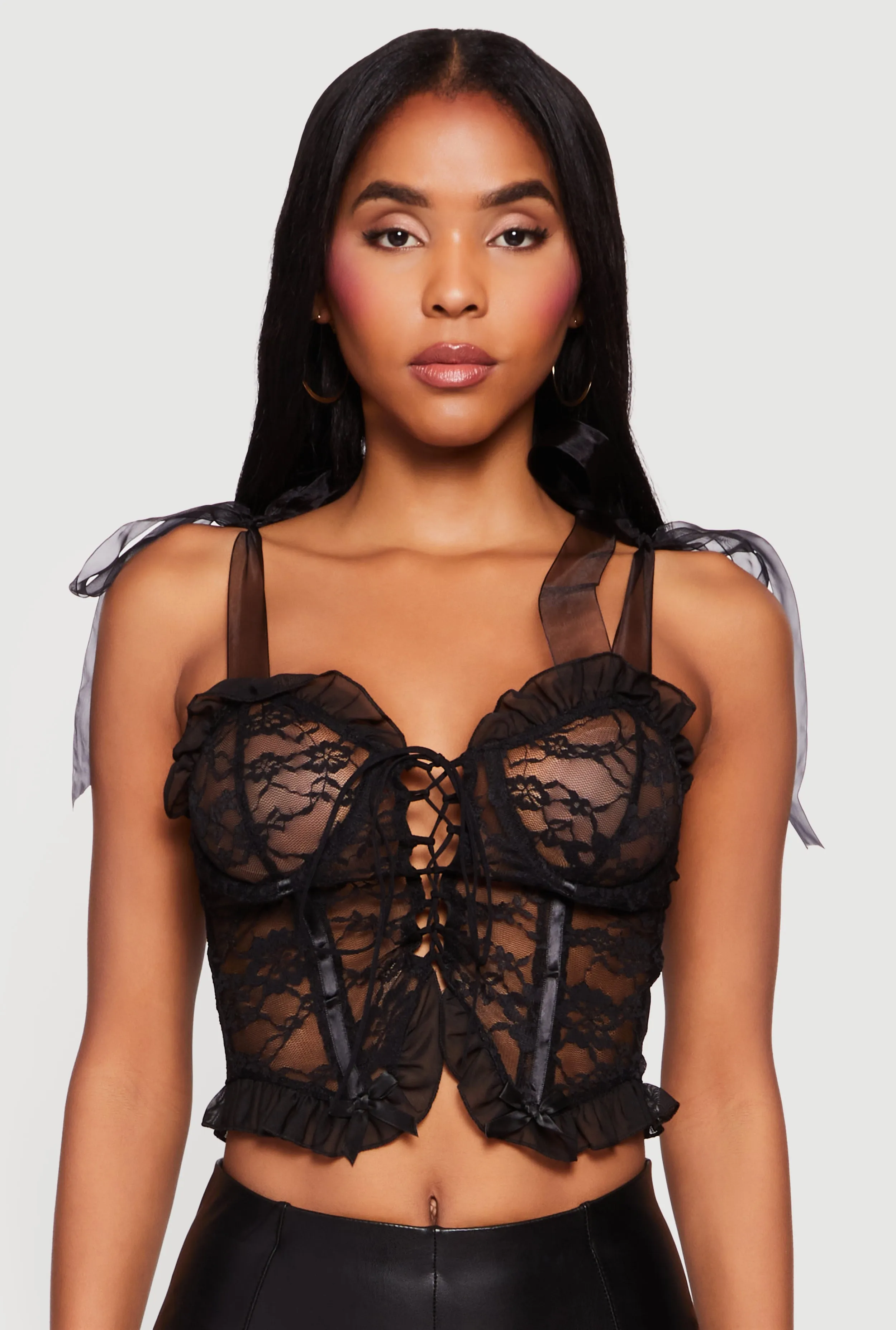 Floral Lace Up Front Tie Strap Cropped Corset Top sold by Rainbow product image thumbnail 2