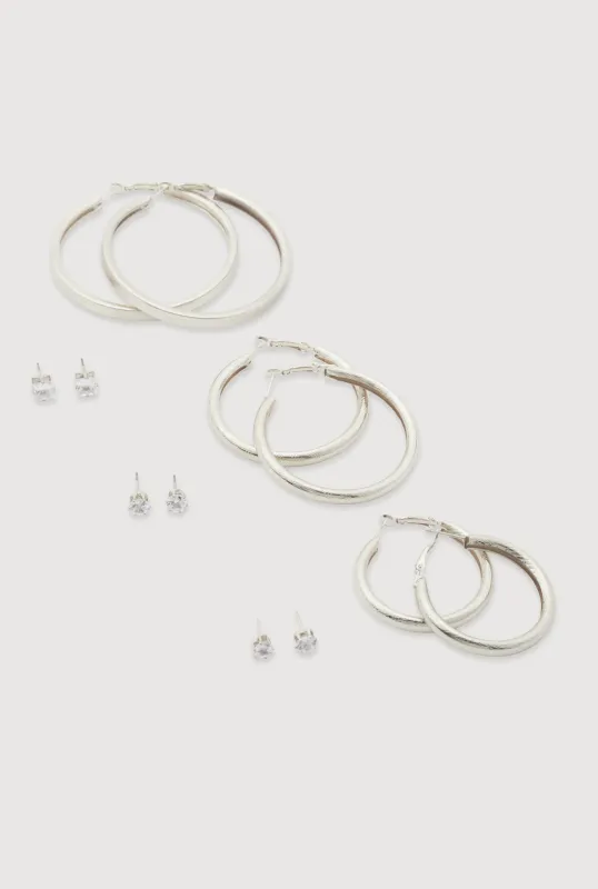 Hoop and Cubic Zirconia Stud Earrings Set of 6 sold by Rainbow