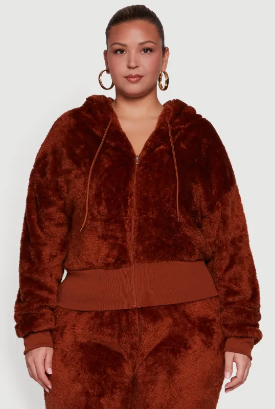 Plus Size Zip Front Faux Fur Hoodie sold by Rainbow