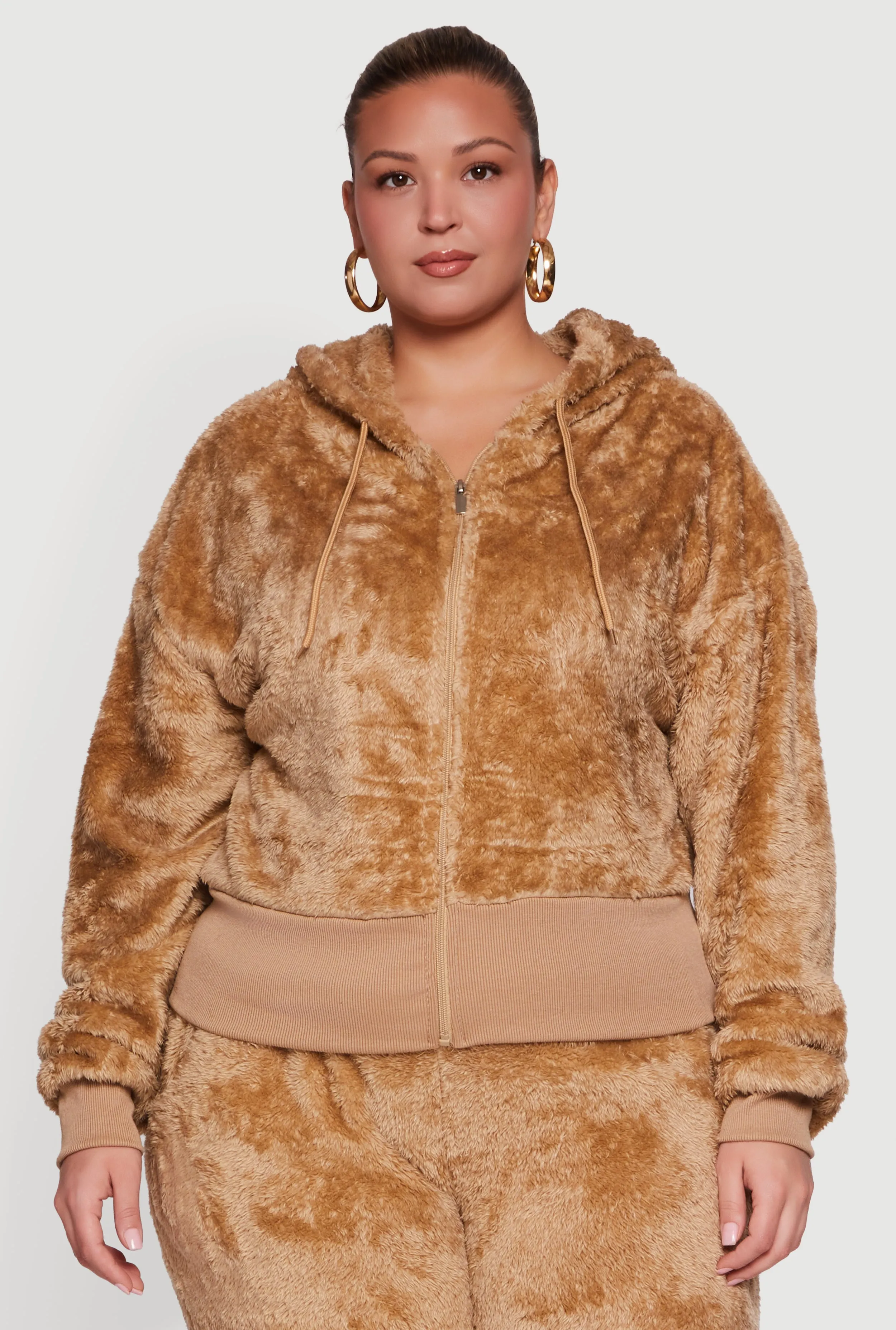 Plus Size Zip Front Faux Fur Hoodie sold by Rainbow