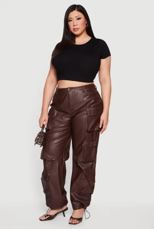 Plus Size High Waisted Faux Leather Cargo Joggers sold by Rainbow