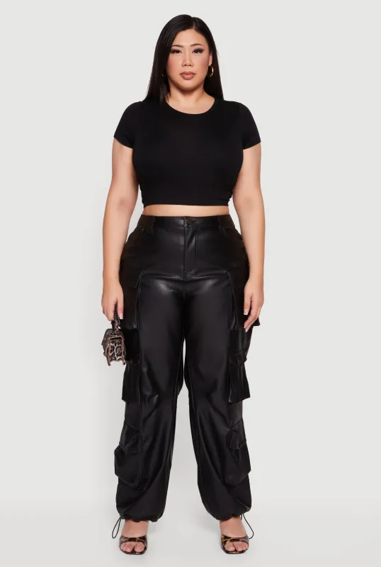 Plus Size High Waisted Faux Leather Cargo Joggers sold by Rainbow