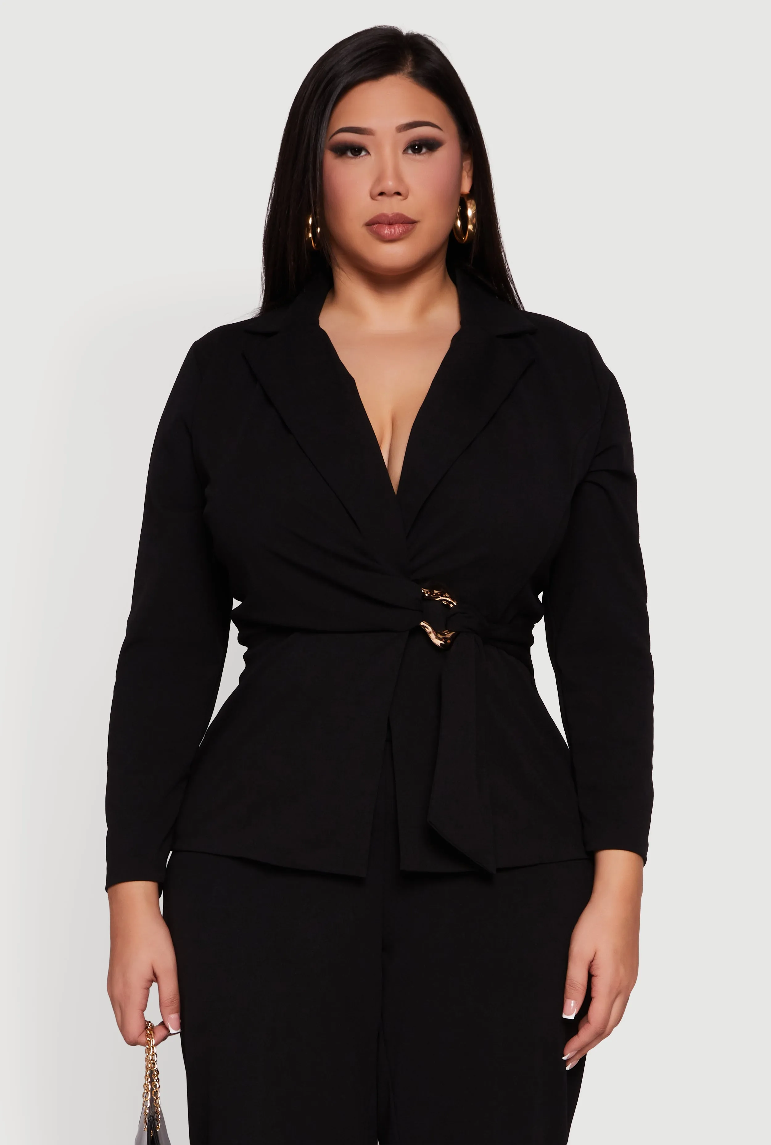 Plus Size Metallic Belted Front Crepe Knit Blazer sold by Rainbow