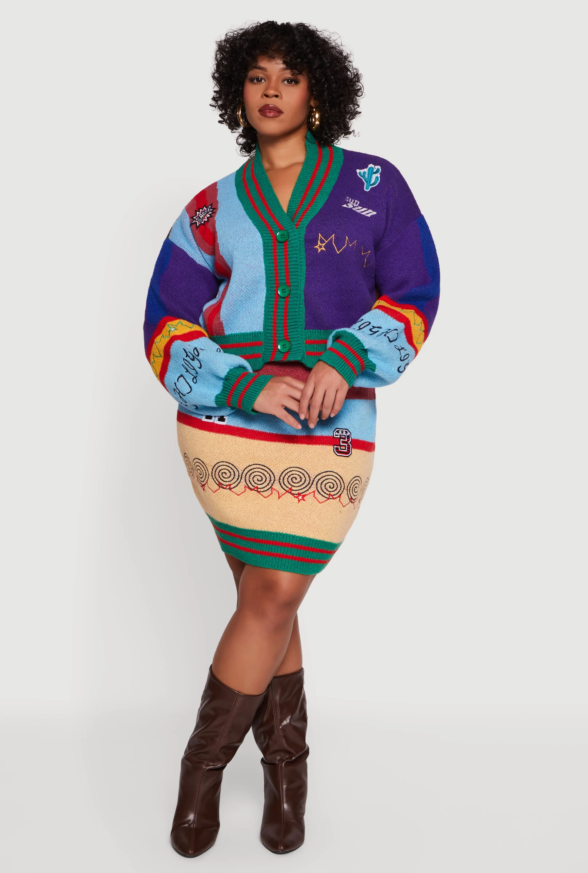 Plus Size Graphic Patch Color Blocked Knitted Mini Skirt sold by Rainbow