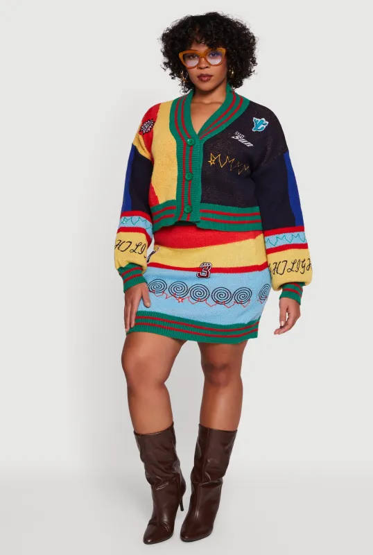 Plus Size Graphic Patch Color Blocked Knitted Mini Skirt sold by Rainbow