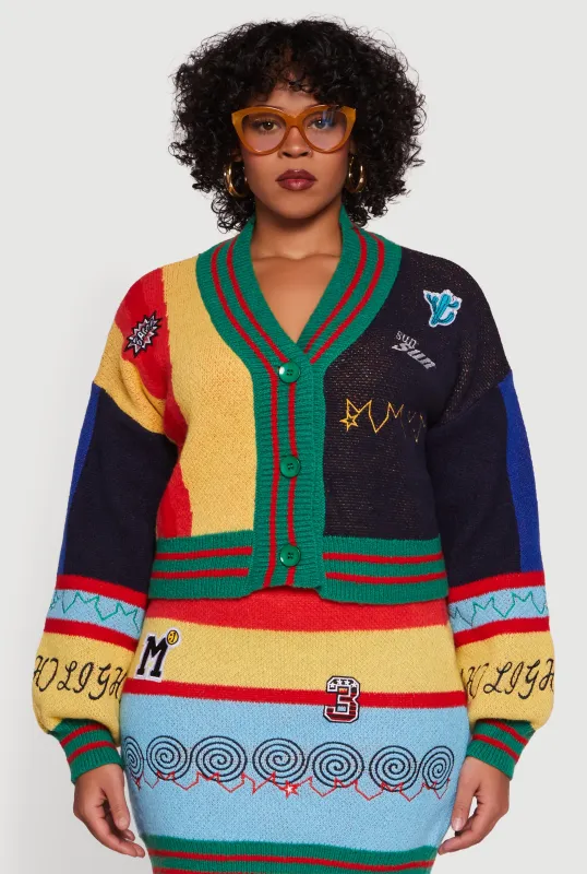 Plus Size Graphic Patch Color Blocked Cardigan sold by Rainbow