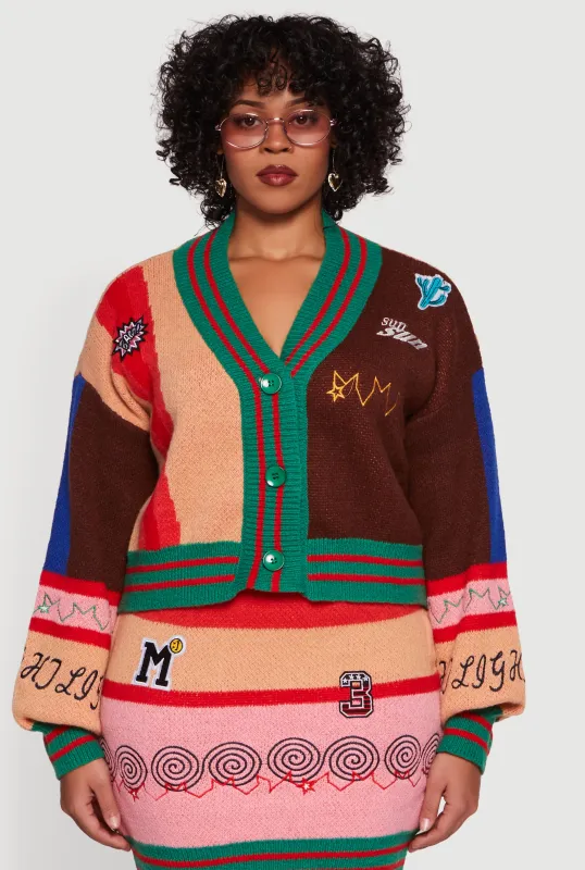Plus Size Graphic Patch Color Blocked Cardigan sold by Rainbow