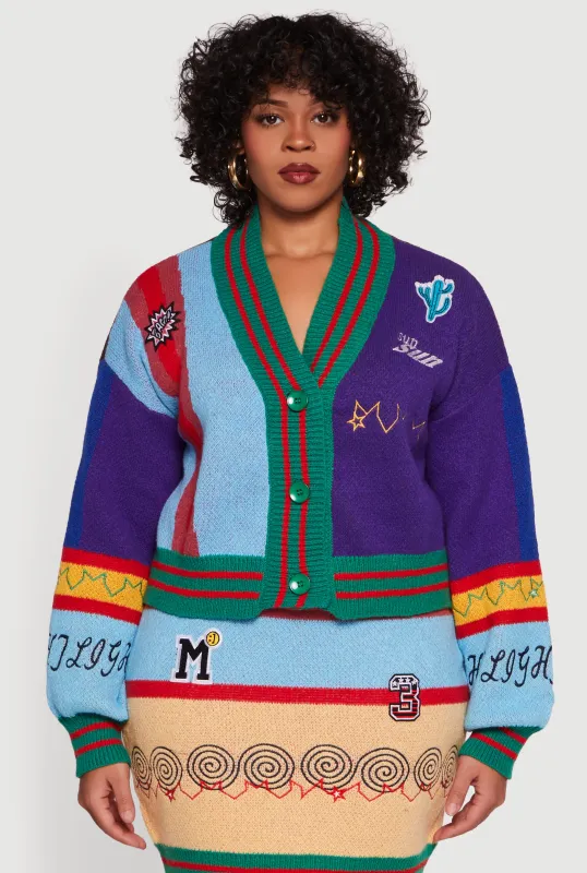 Plus Size Graphic Patch Color Blocked Cardigan sold by Rainbow