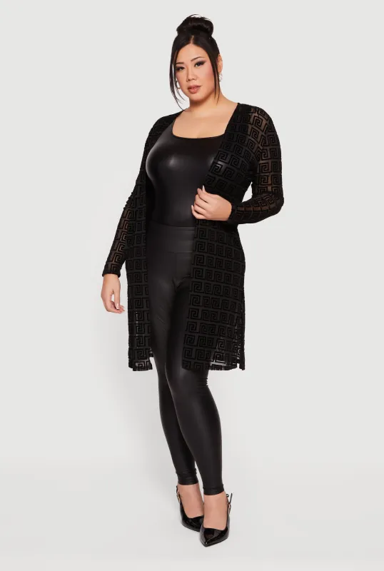 Plus Size Geometric Velvet Burnout Mesh Duster sold by Rainbow