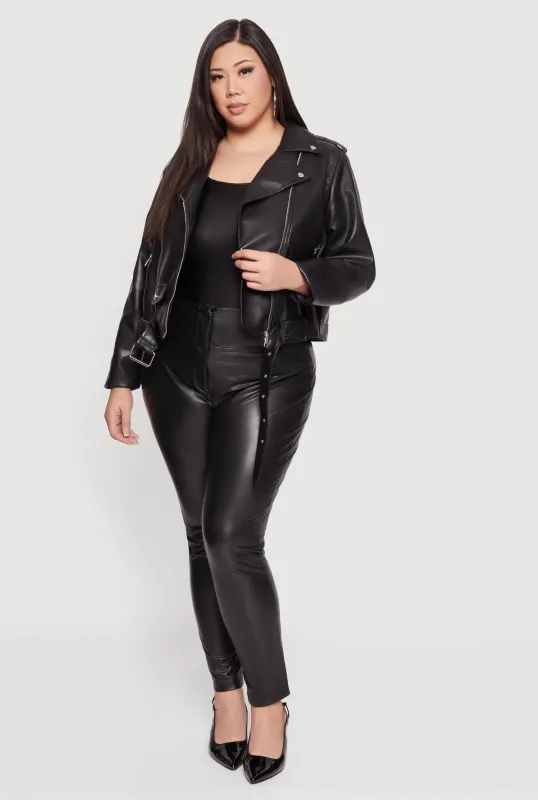 Plus Size Asymmetrical Belted Front Moto Jacket sold by Rainbow