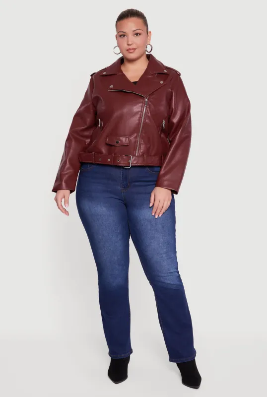 Plus Size Asymmetrical Belted Front Moto Jacket sold by Rainbow