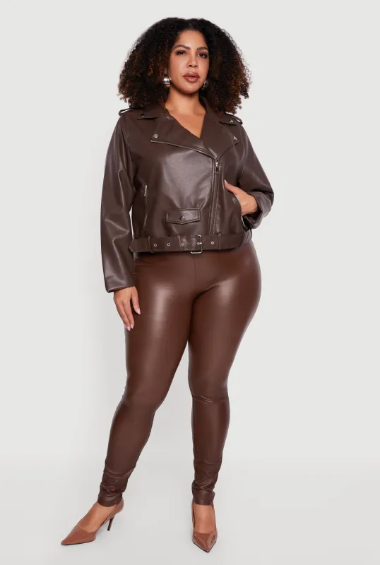 Plus Size Asymmetrical Belted Front Moto Jacket sold by Rainbow