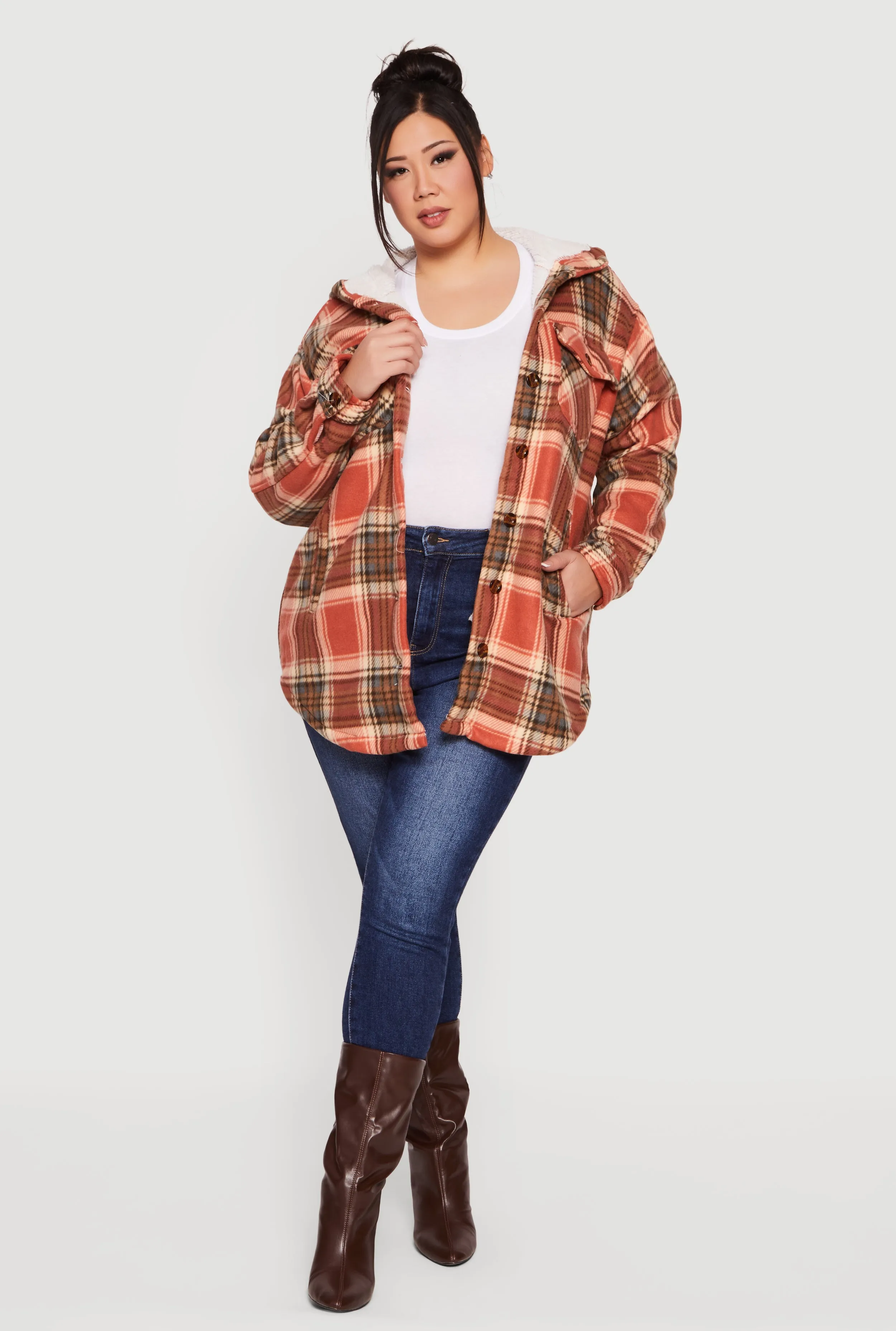 Plus Size Plaid Sherpa Lined Hooded Fleece Shacket sold by Rainbow