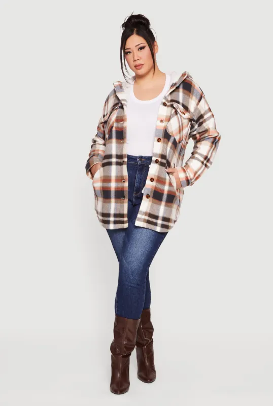 Plus Size Plaid Sherpa Lined Hooded Fleece Shacket sold by Rainbow