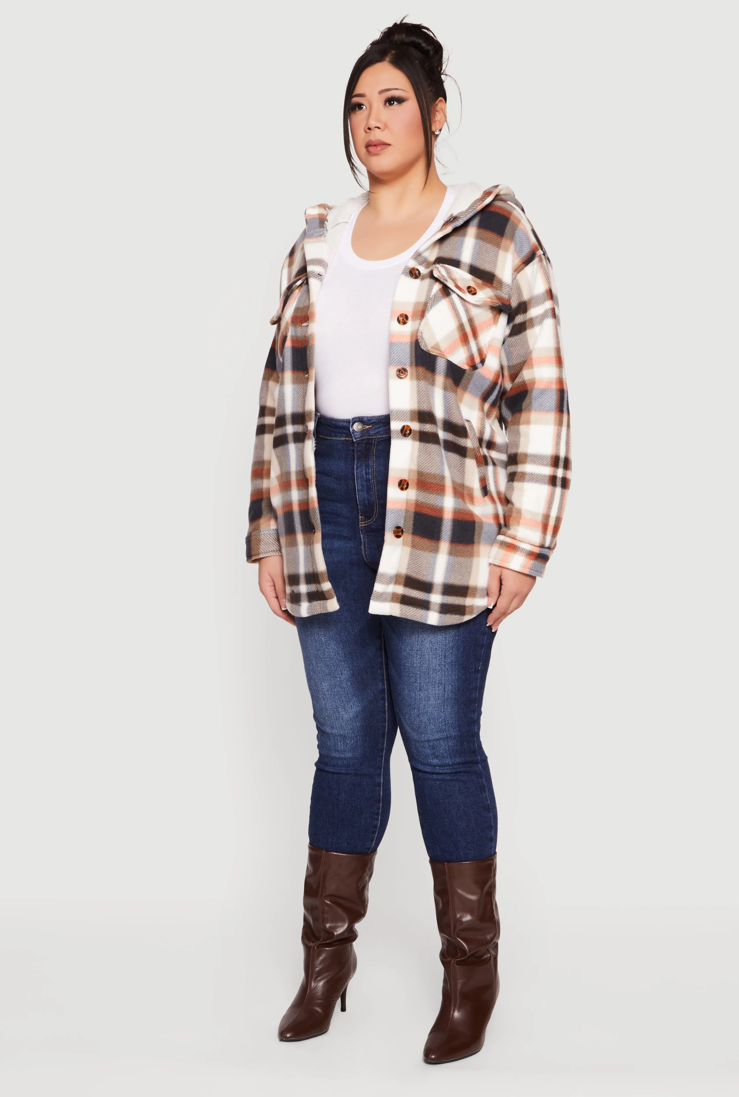 Plus Size Plaid Sherpa Lined Hooded Fleece Shacket sold by Rainbow product image thumbnail 5