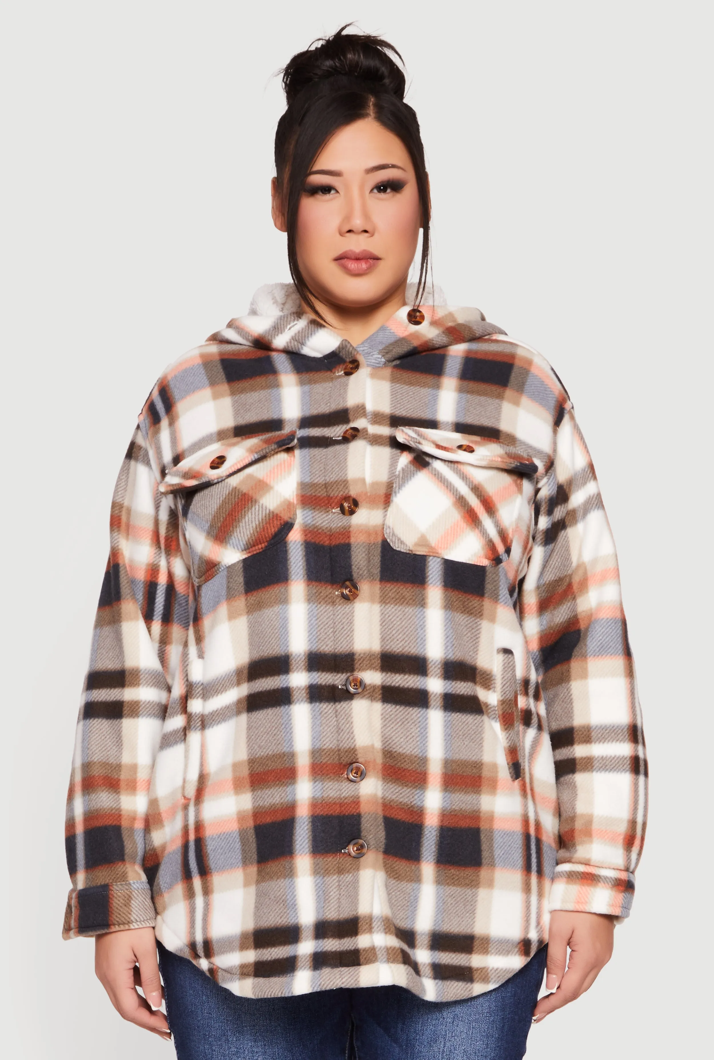 Plus Size Plaid Sherpa Lined Hooded Fleece Shacket sold by Rainbow product image thumbnail 2