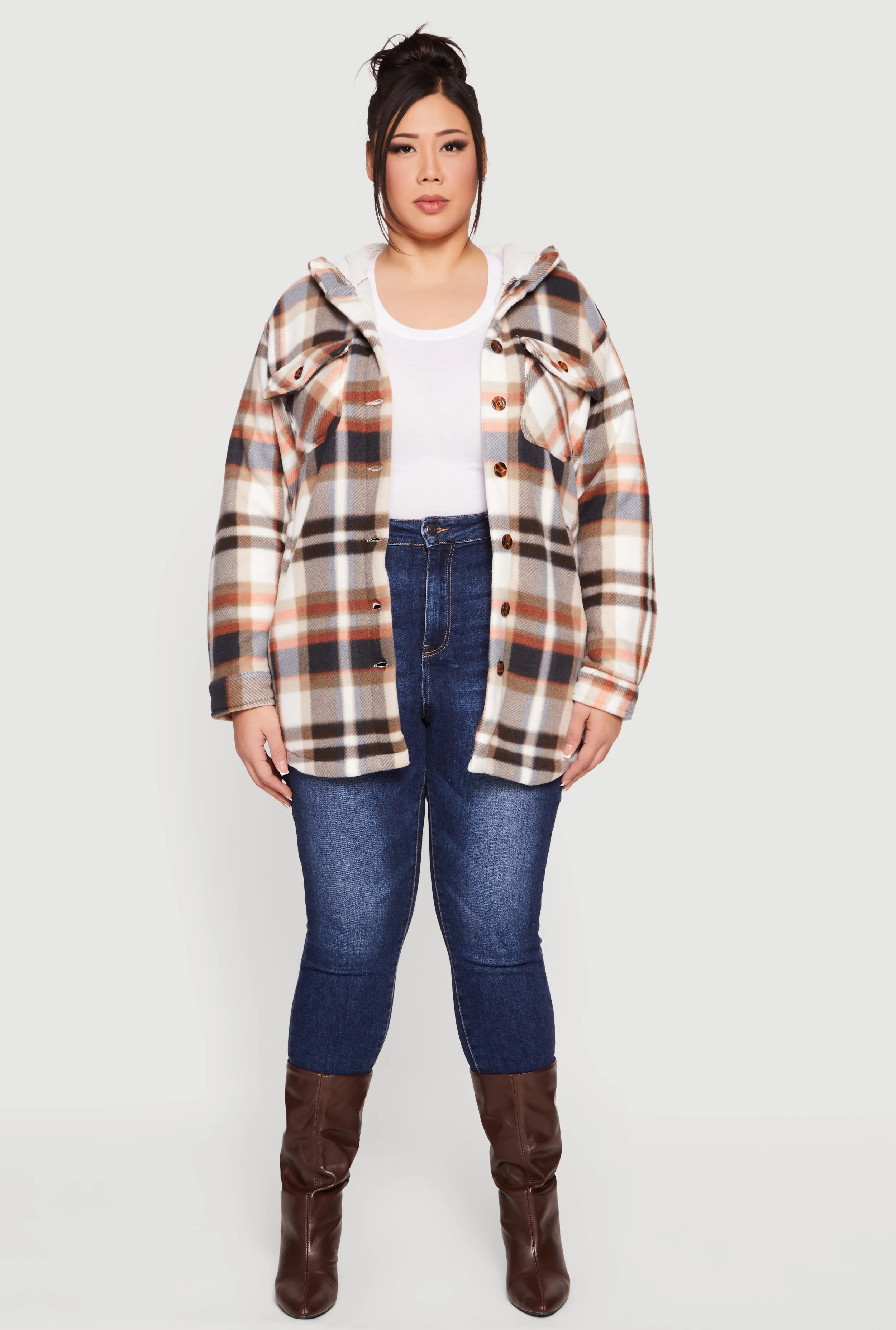 Plus Size Plaid Sherpa Lined Hooded Fleece Shacket sold by Rainbow product image thumbnail 3