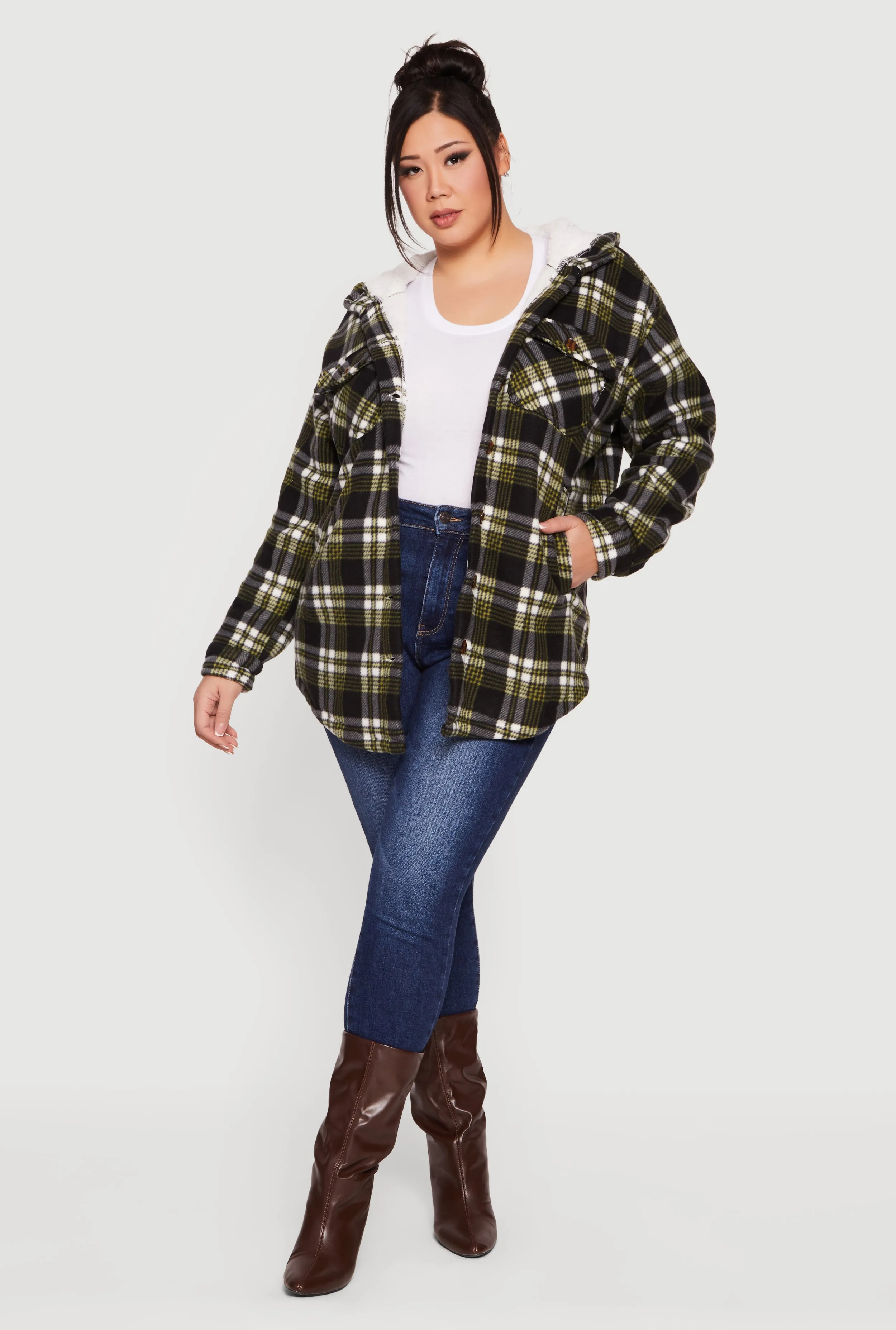 Plus Size Plaid Sherpa Lined Hooded Fleece Shacket sold by Rainbow